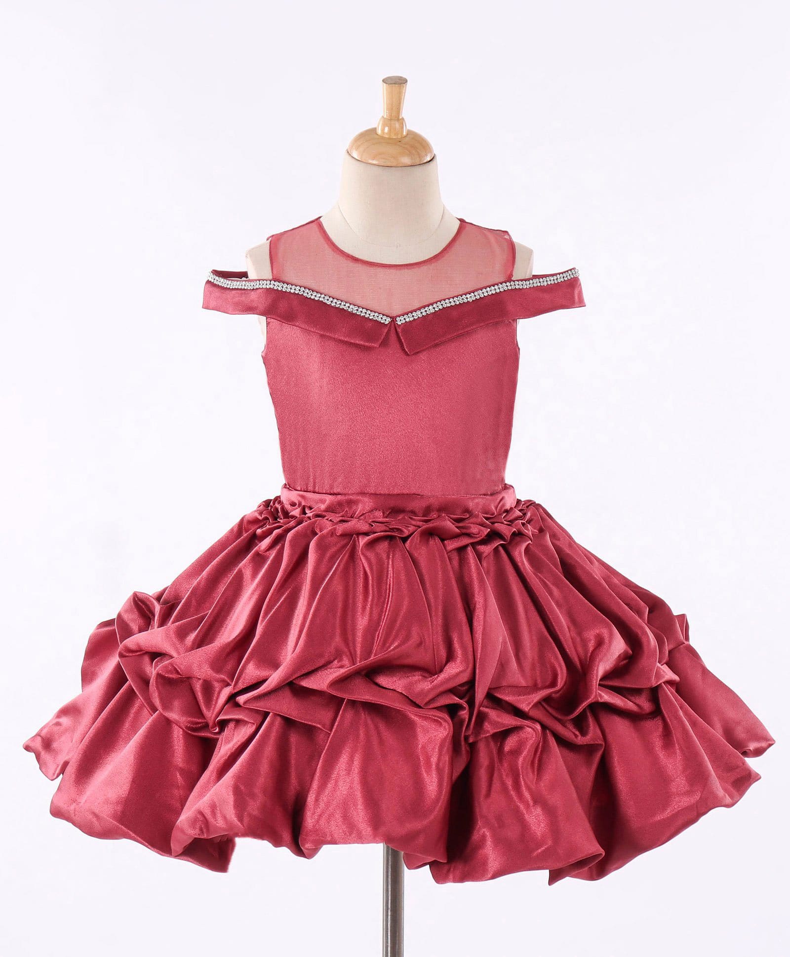Enfance Satin Woven Cold Shoulder Diamond Embellished Party Dress - Maroon-picture-31