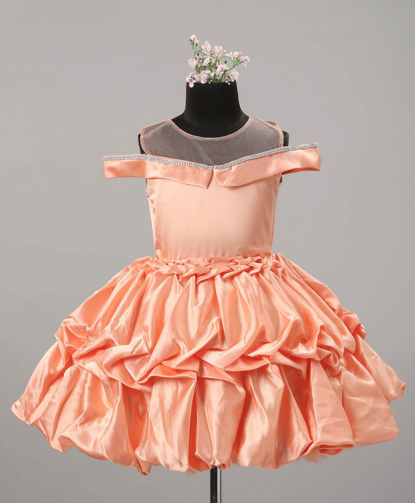 Enfance Satin Woven Cold Shoulder Diamond Embellished Party Dress - Peach-image-47