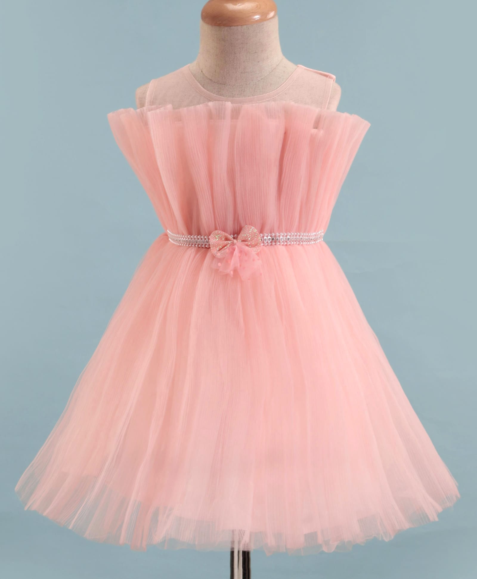 Enfance Net Woven Sleeveless Solid Party Dress With Bow Applique -Peach-picture-32