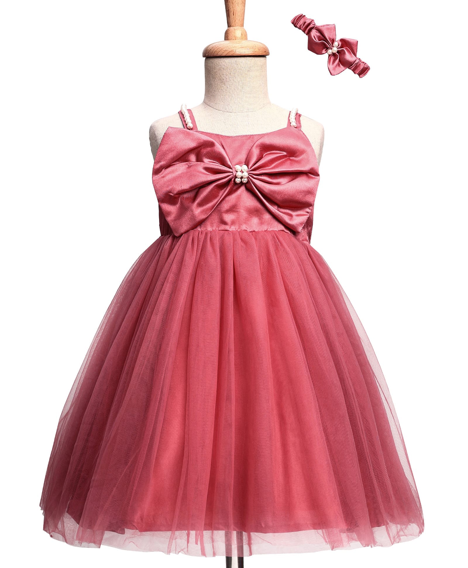 Enfance Net Woven Sleeveless Bow Applique Solid Dress With Hairband & Pearl Embellishment - Peach-image-15