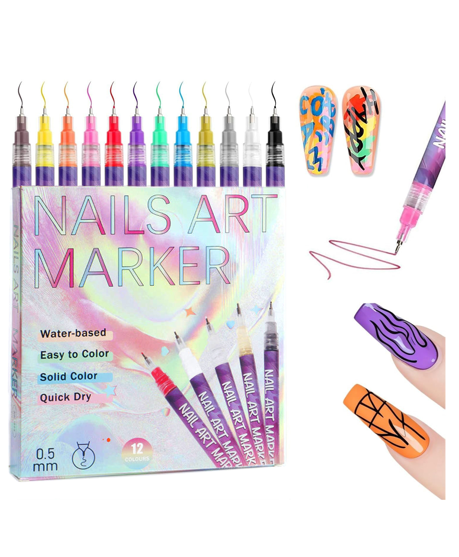 Kidology 12 Colours Nail Art Pen Set, 0.5mm Fine Tip Waterproof Quick Dry DIY Nail Painting Pens for Kids & Women-picture-18