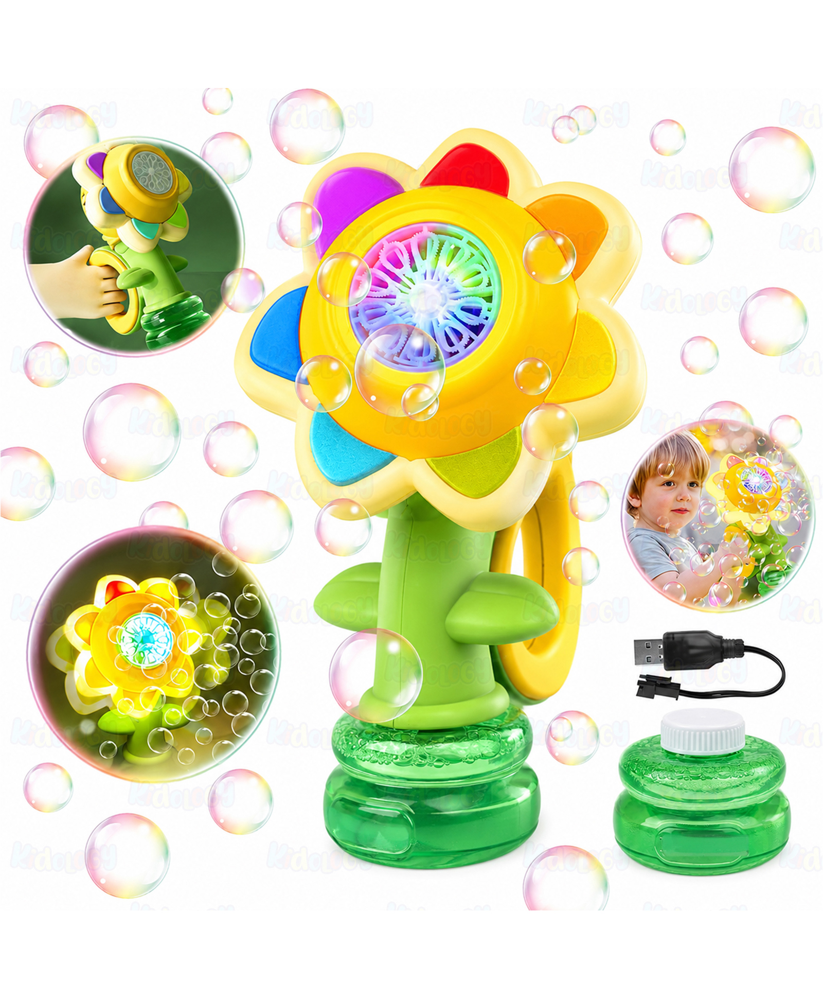 Kidology Electric Bubble Machine Toy for Kids 3-8 Years, Dancing Sunflower Bubble Maker with LED Lights & Rechargeable Battery-image-29