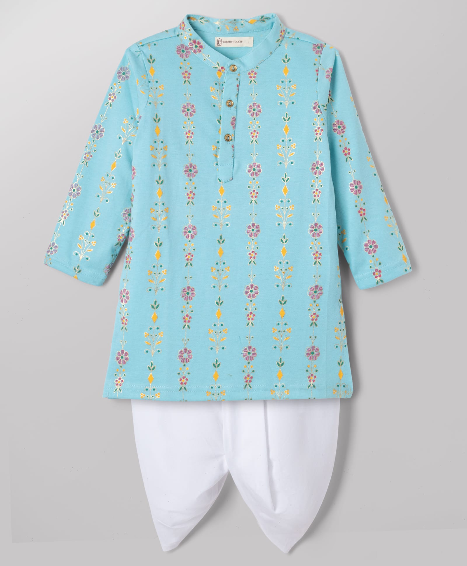 EARTHY TOUCH 100% Cotton Knit Full Sleeves Floral Printed Kurta & Dhoti Set - Light Blue-picture-23