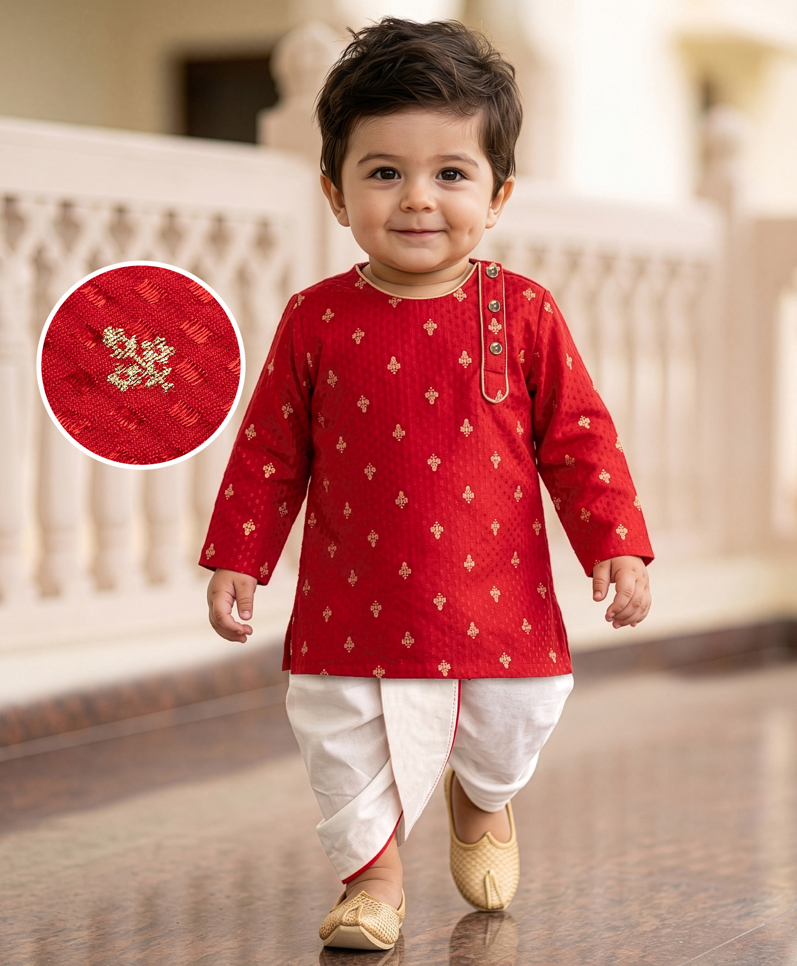 EARTHY TOUCH Cotton Jersey Knit Full Sleeves Kurta Dhoti Set With Floral Foil Print - Red-picture-14