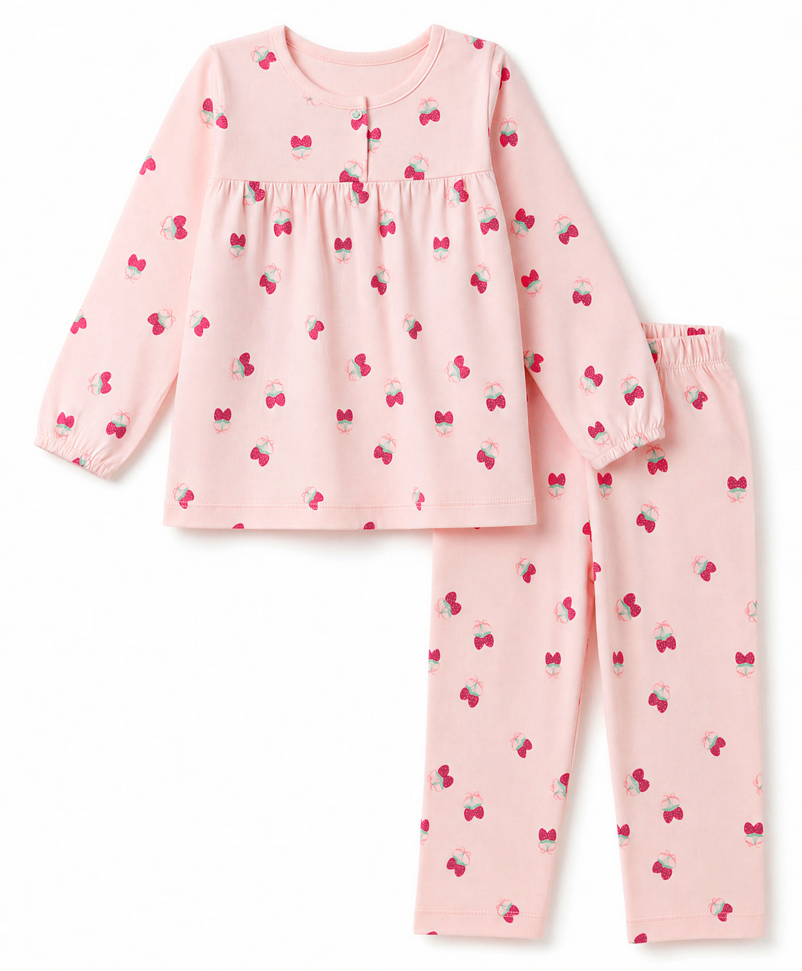 Babyhug Cotton Knit Full Sleeves Top & Pyjama Co-ords Night Suit With Strawberry Print - Pink-image-32