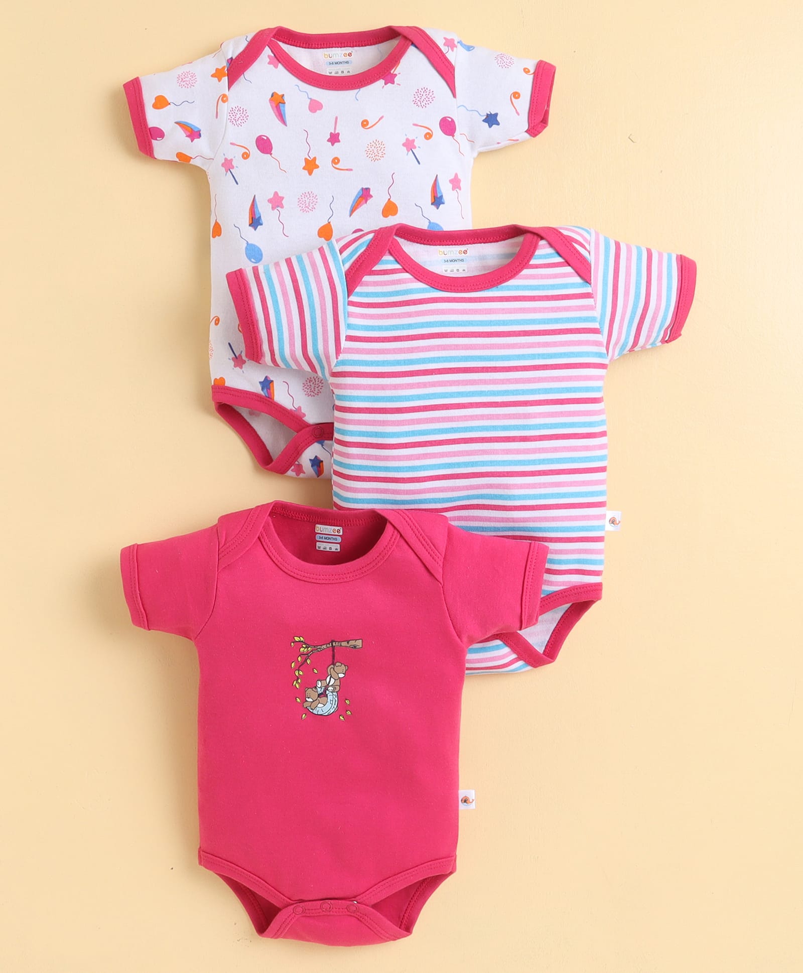 BUMZEE Cotton Knit Half Sleeves Striped Star & Hearts Bear Printed Onesies Pack Of 3 - Pink & White-image-25