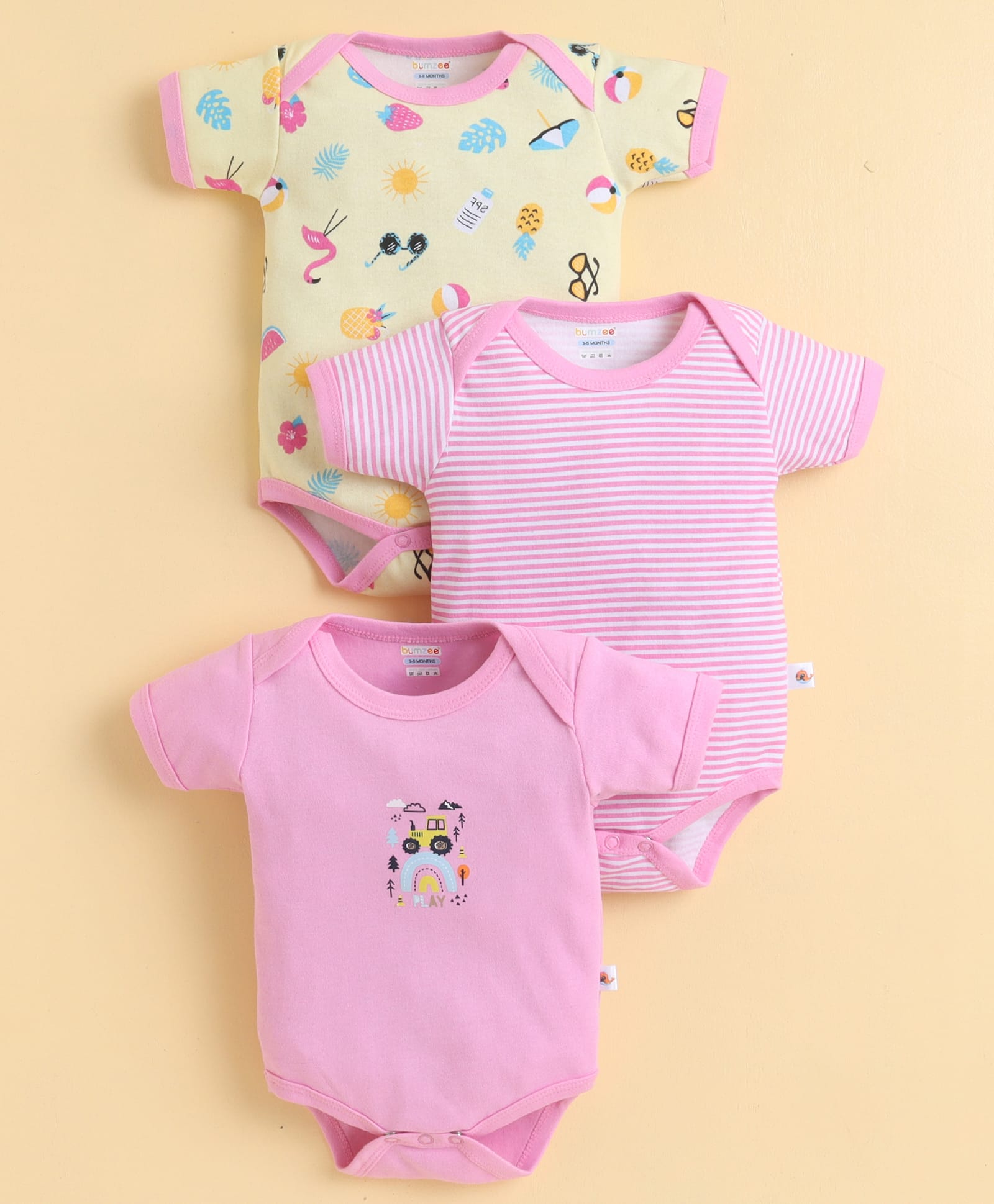BUMZEE Cotton Knit Half Sleeves Striped Beach Theme Printed Onesies Pack Of 3 - Pink & Yellow-image-48