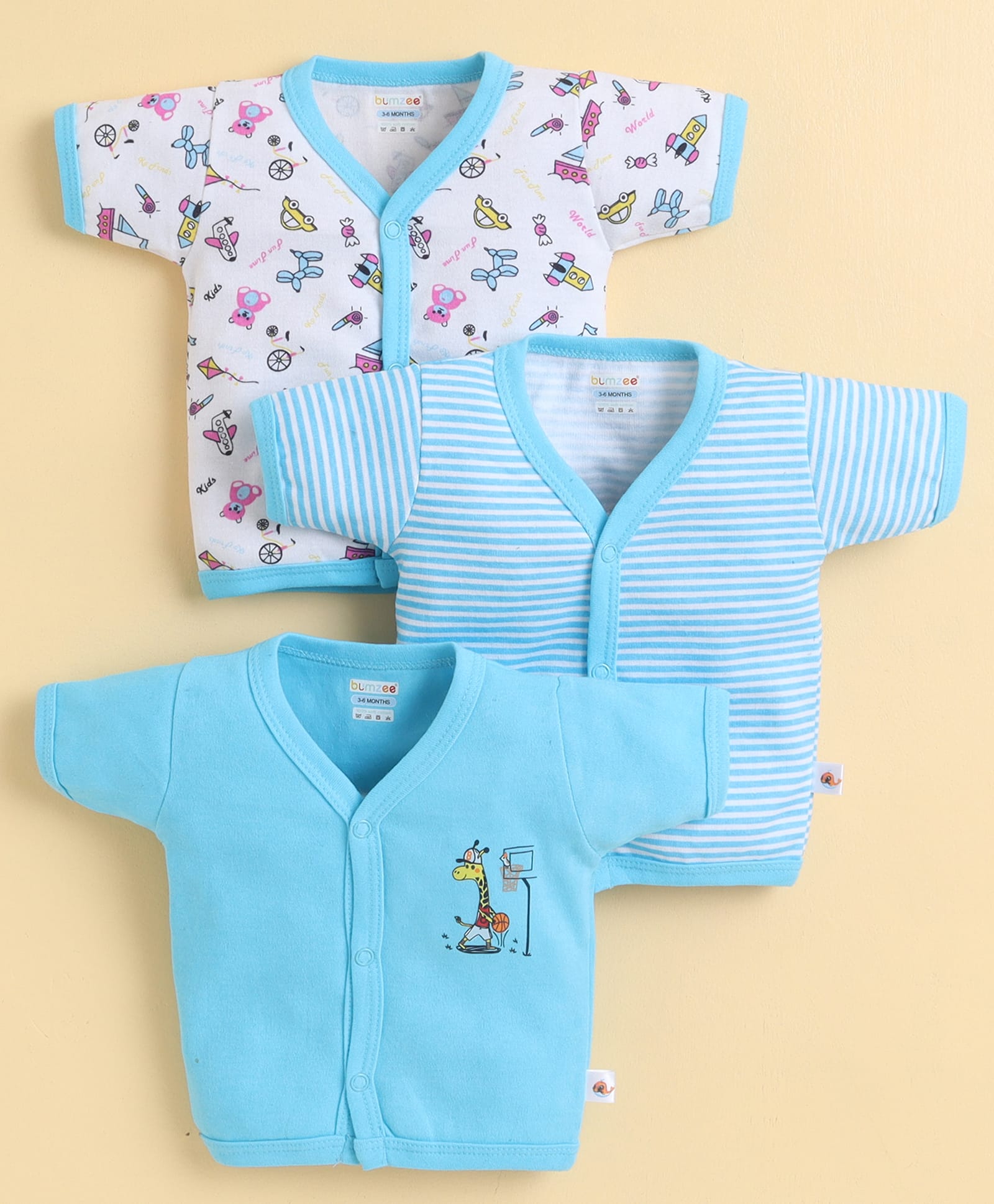 BUMZEE Cotton Knit Half Sleeves Striped Jhablas with Car & Bear Print Pack of 3 - White & Blue-image-13