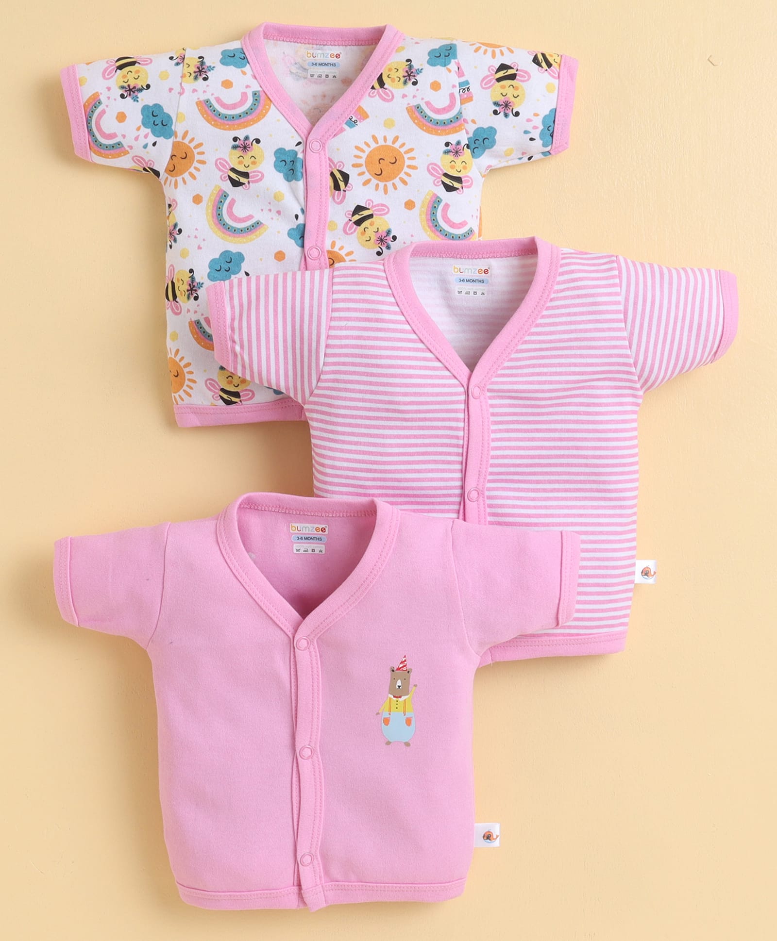 BUMZEE Cotton Knit Half Sleeves Striped Jhablas with Rainbow & Bees Print Pack of 3 - White & Pink-image-47