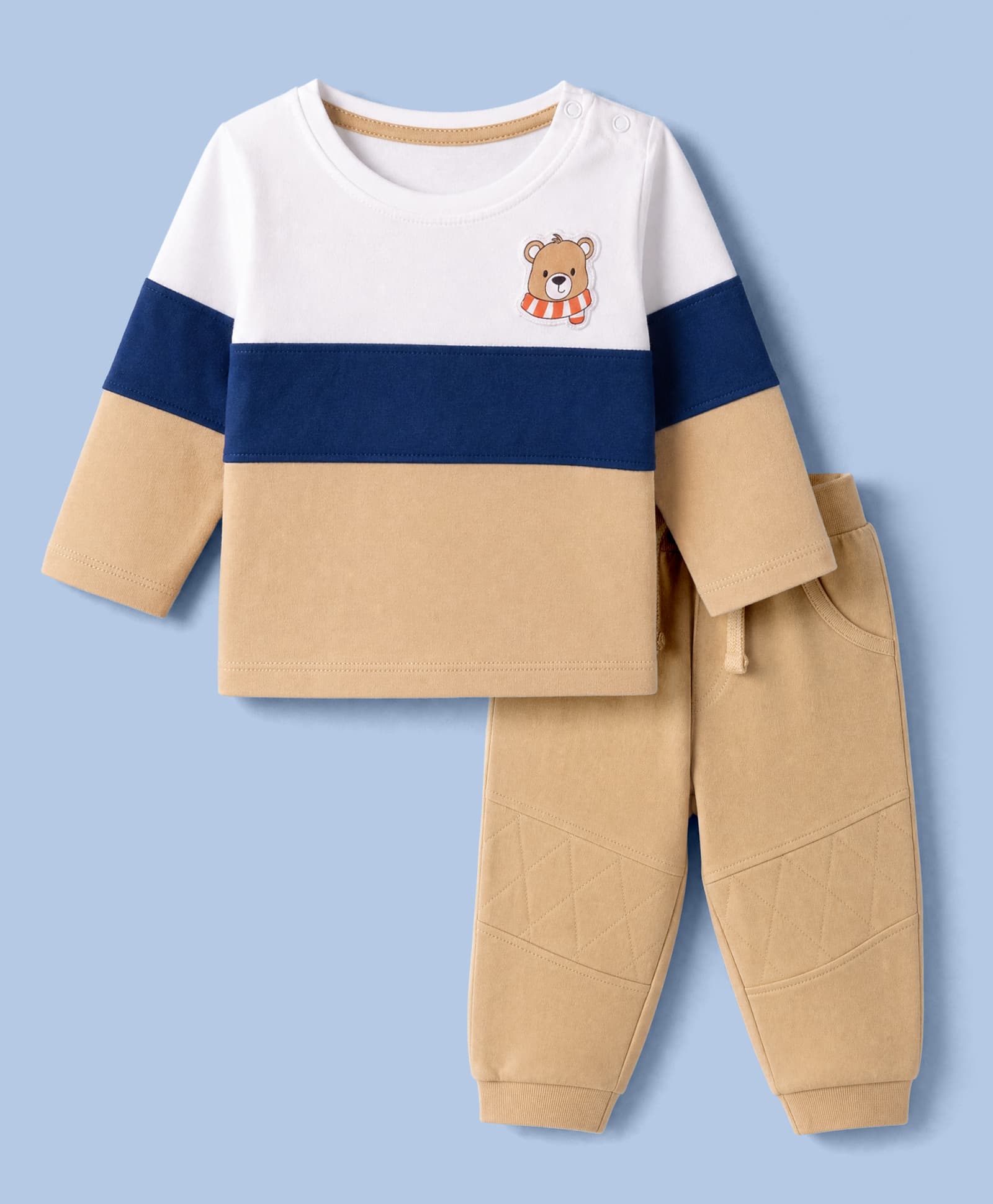 Doodle Poodle Single Jersey 100% Cotton Knit Full Sleeves Bear Printed T-Shirt & Joggers Set - Cream-image-38