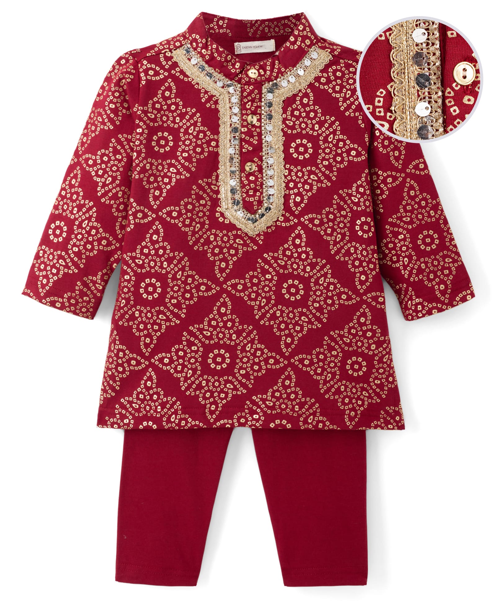 EARTHY TOUCH Cotton Jersey Knit Full Sleeves Kurta Pyjama Set With Bandhani Print & Sequin Detailing - Red-picture-14