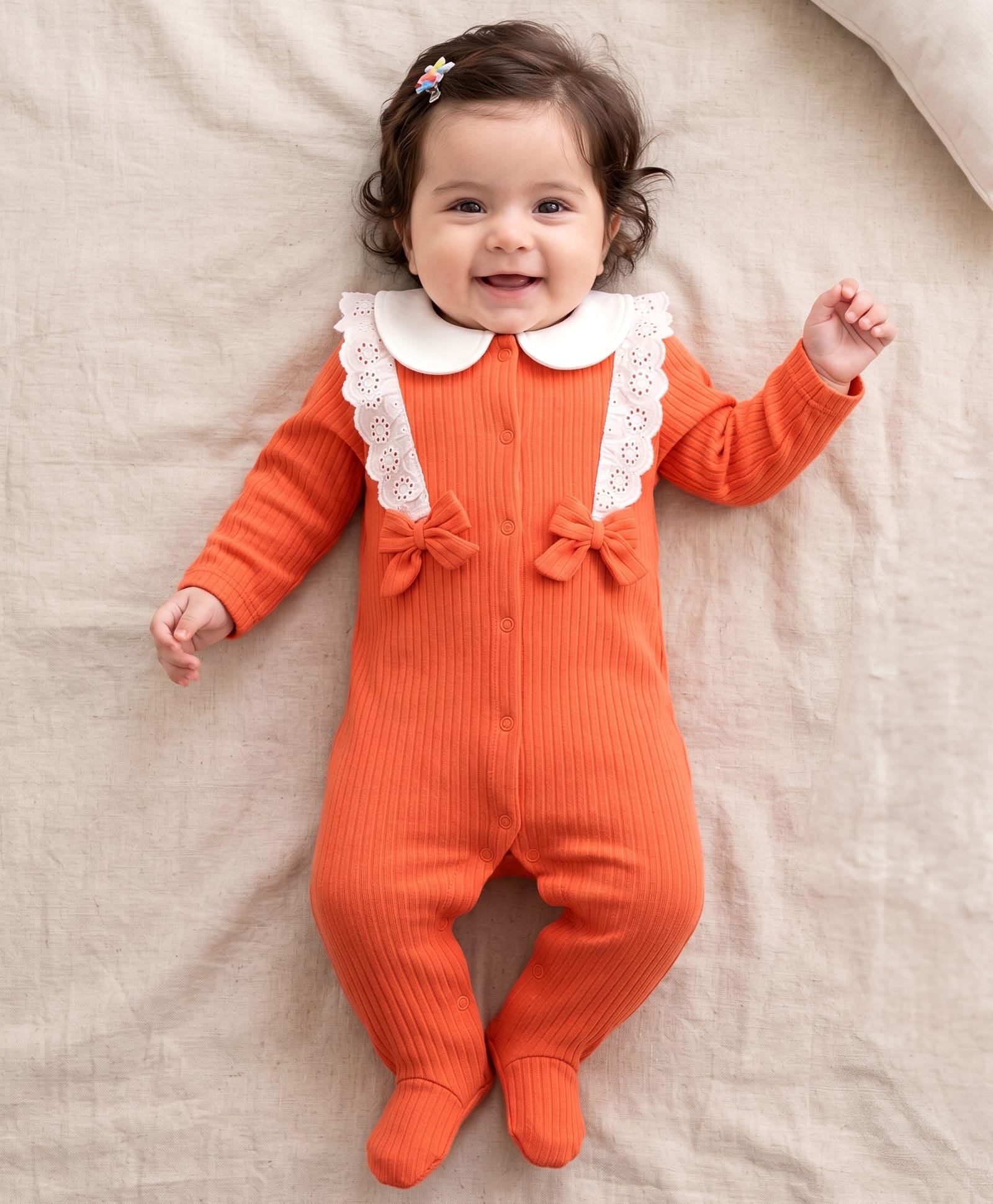 Babyhug Cotton Knit Full Sleeves Footed Sleepsuit with Bow & Peter Pan Collar - Coral-image-1