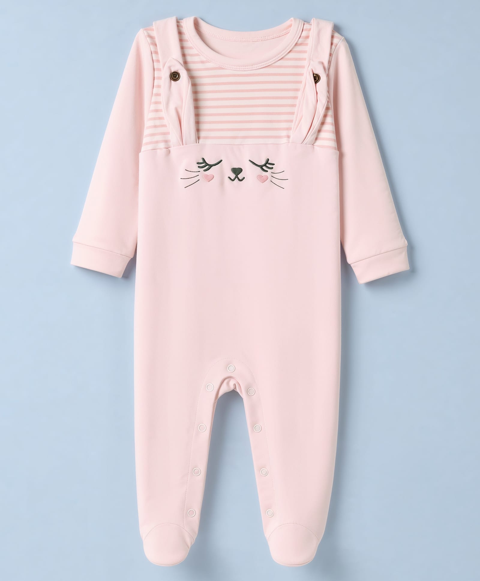 Babyhug Cotton Knit Full Sleeves Sleep Suit with Cat Embroidery - Pink-picture-25