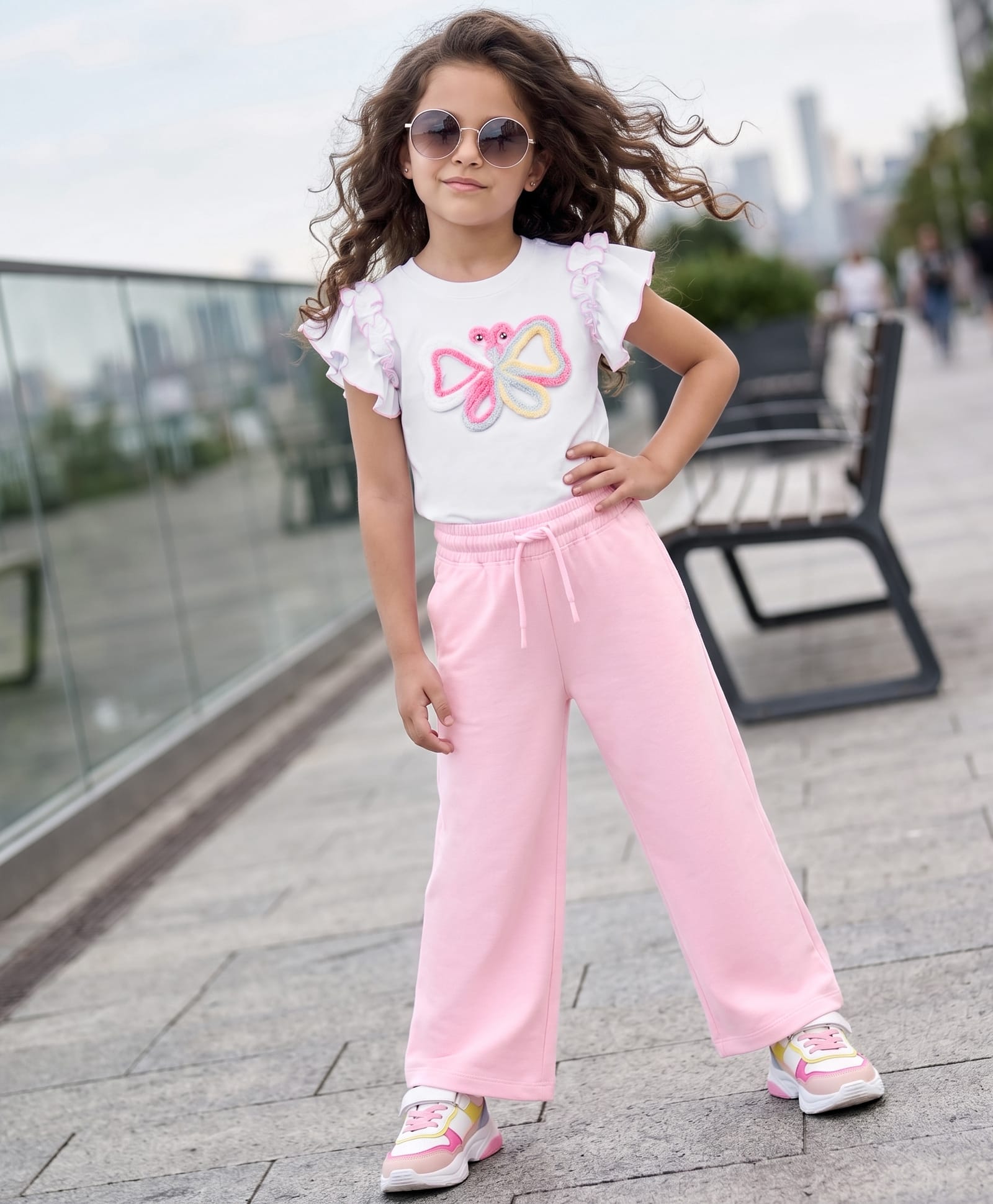 OLLINGTON ST. Cotton Knit Half Sleeves Top & Pant Set With Butterfly Applique - Multicolor & Pink-picture-14