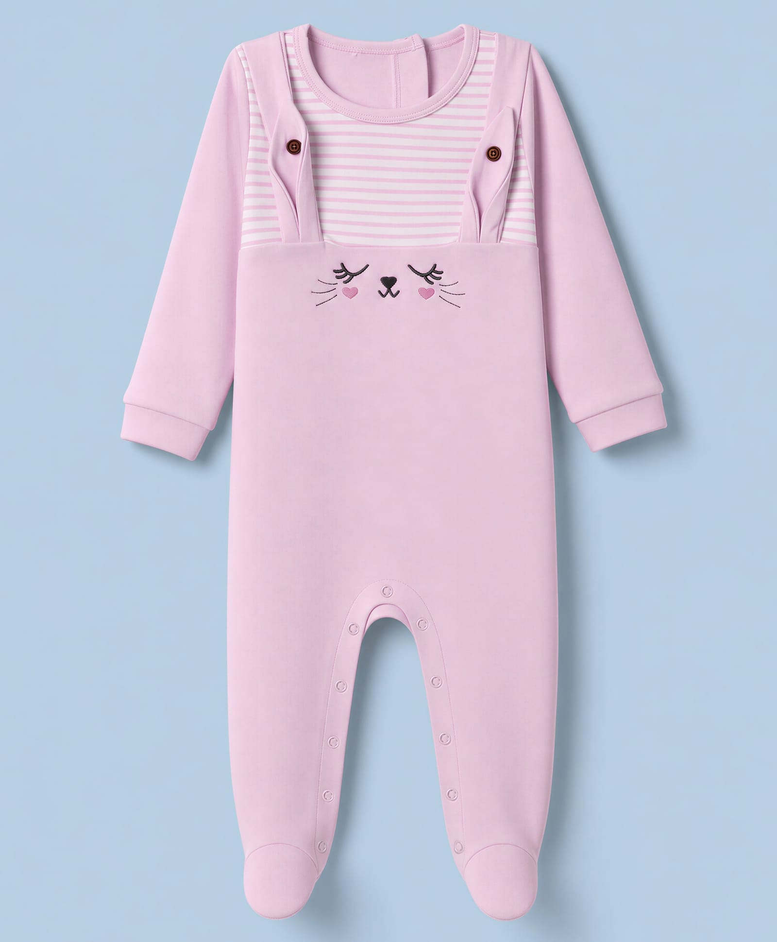 Babyhug Cotton Knit Full Sleeves Sleep Suit With Cat Face Embroidery - Pink-image-20