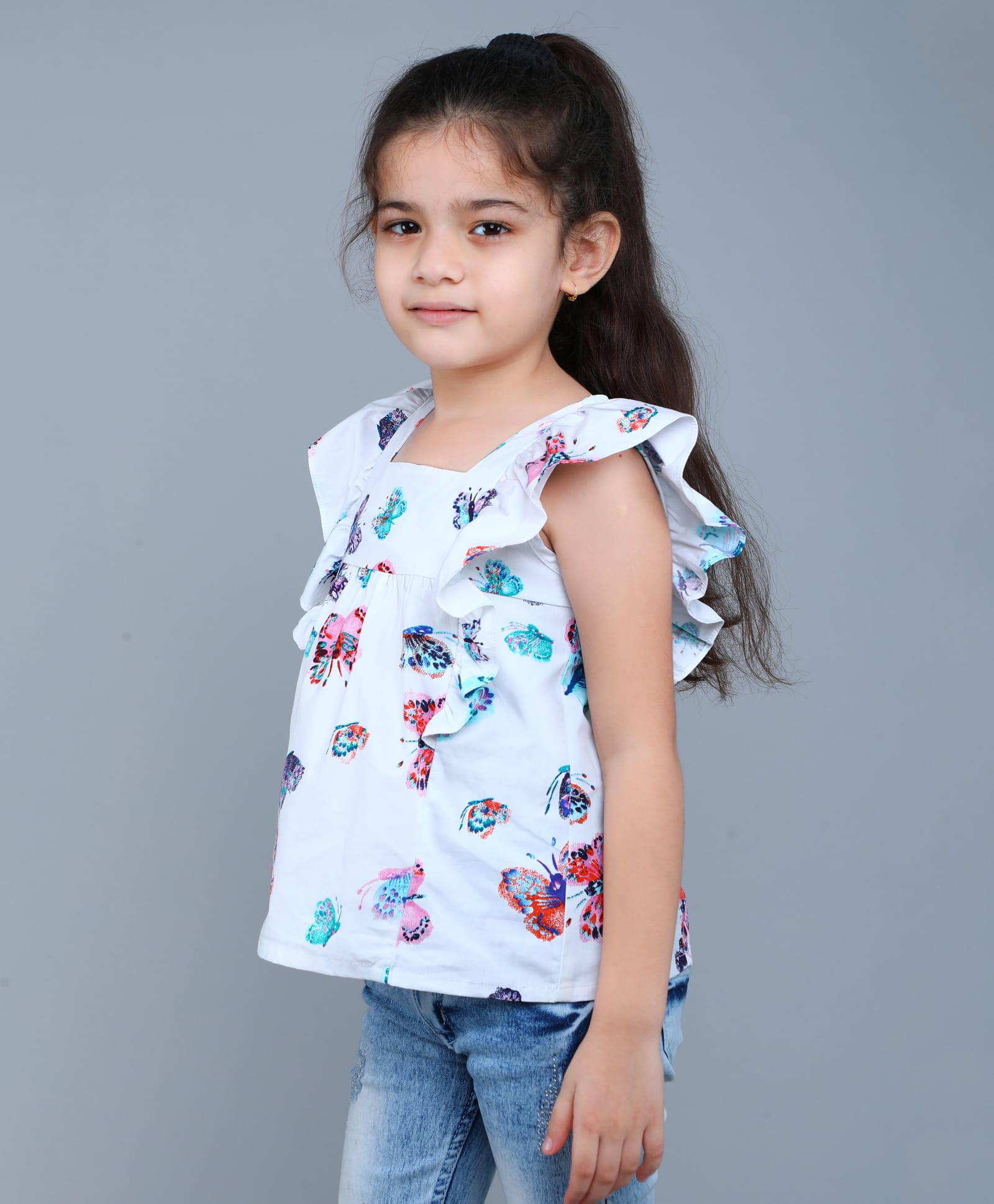 Funshine Cotton Woven Frill Sleeves Butterfly Printed Top - White-picture-11