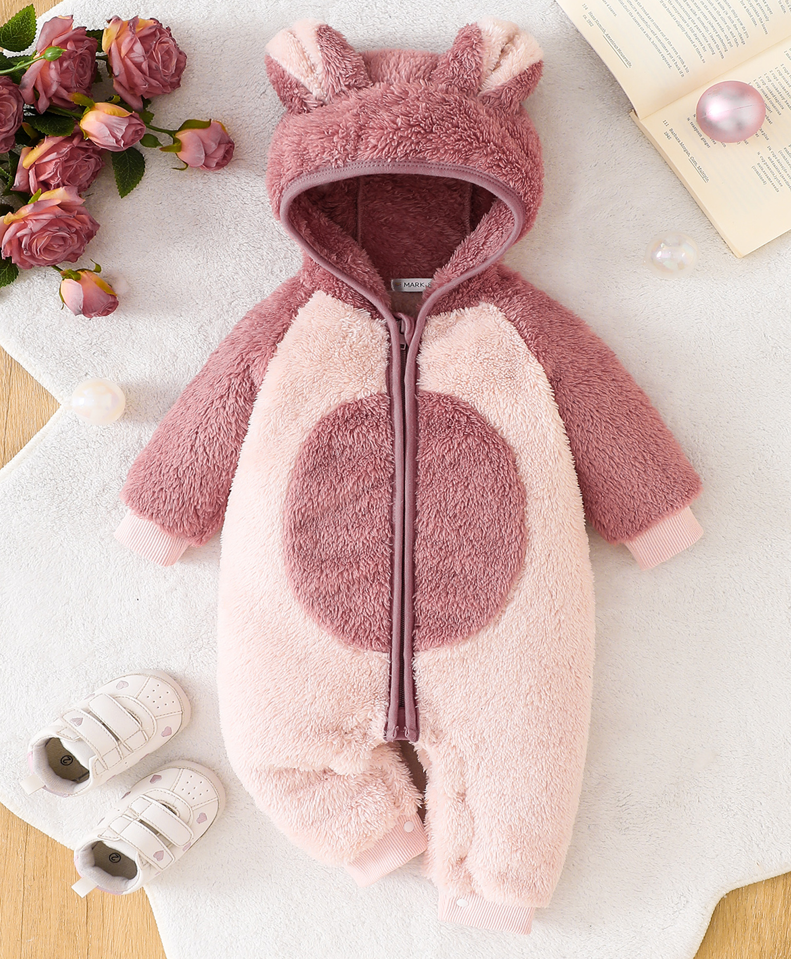 Mark & Mia Full Sleeves Hooded Winter Wear Romper With Ear Applique - Pink-image-10