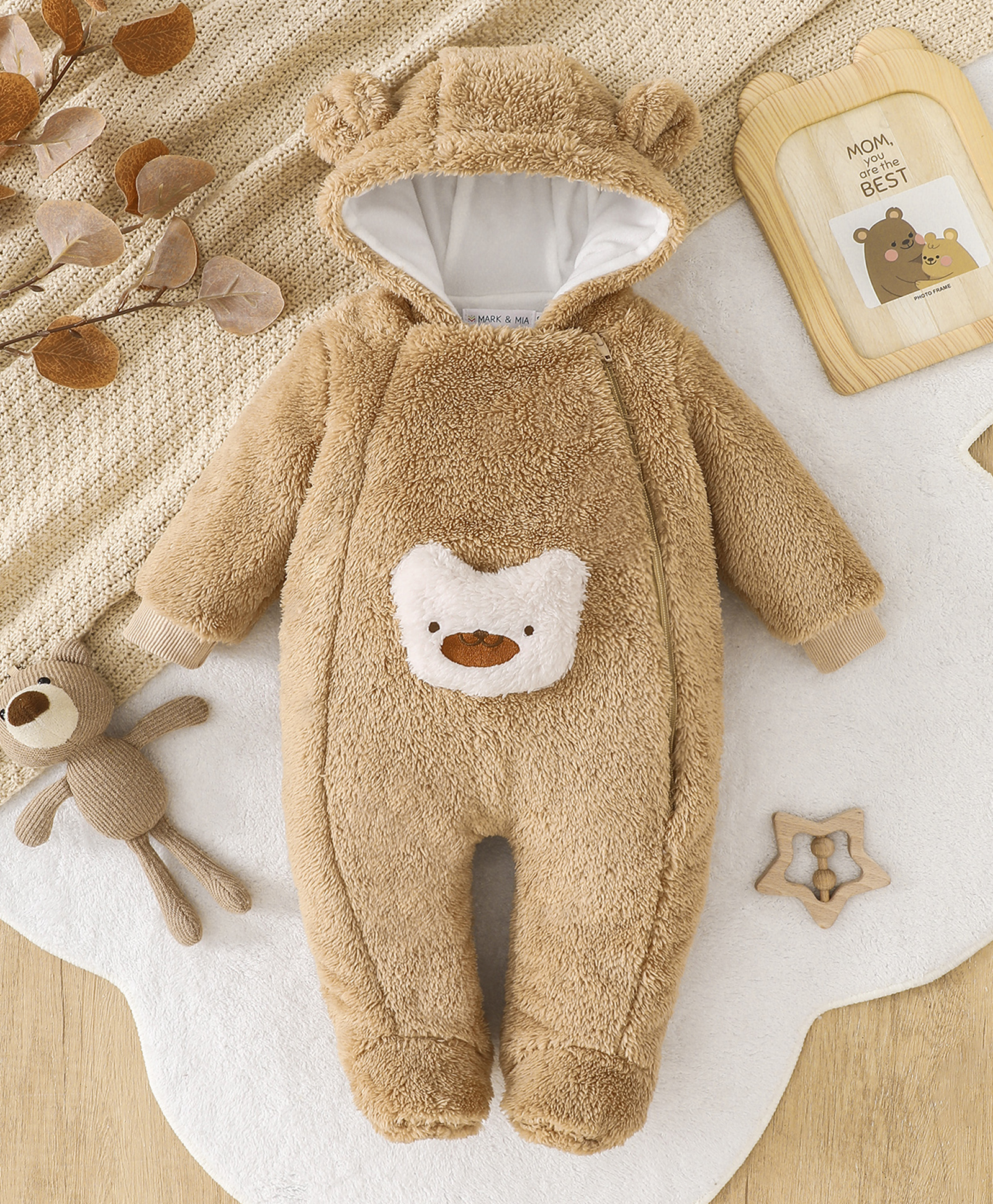 Mark & Mia Full Sleeves Hooded Winter Wear Romper With Teddy Bear Applique - Brown-image-27