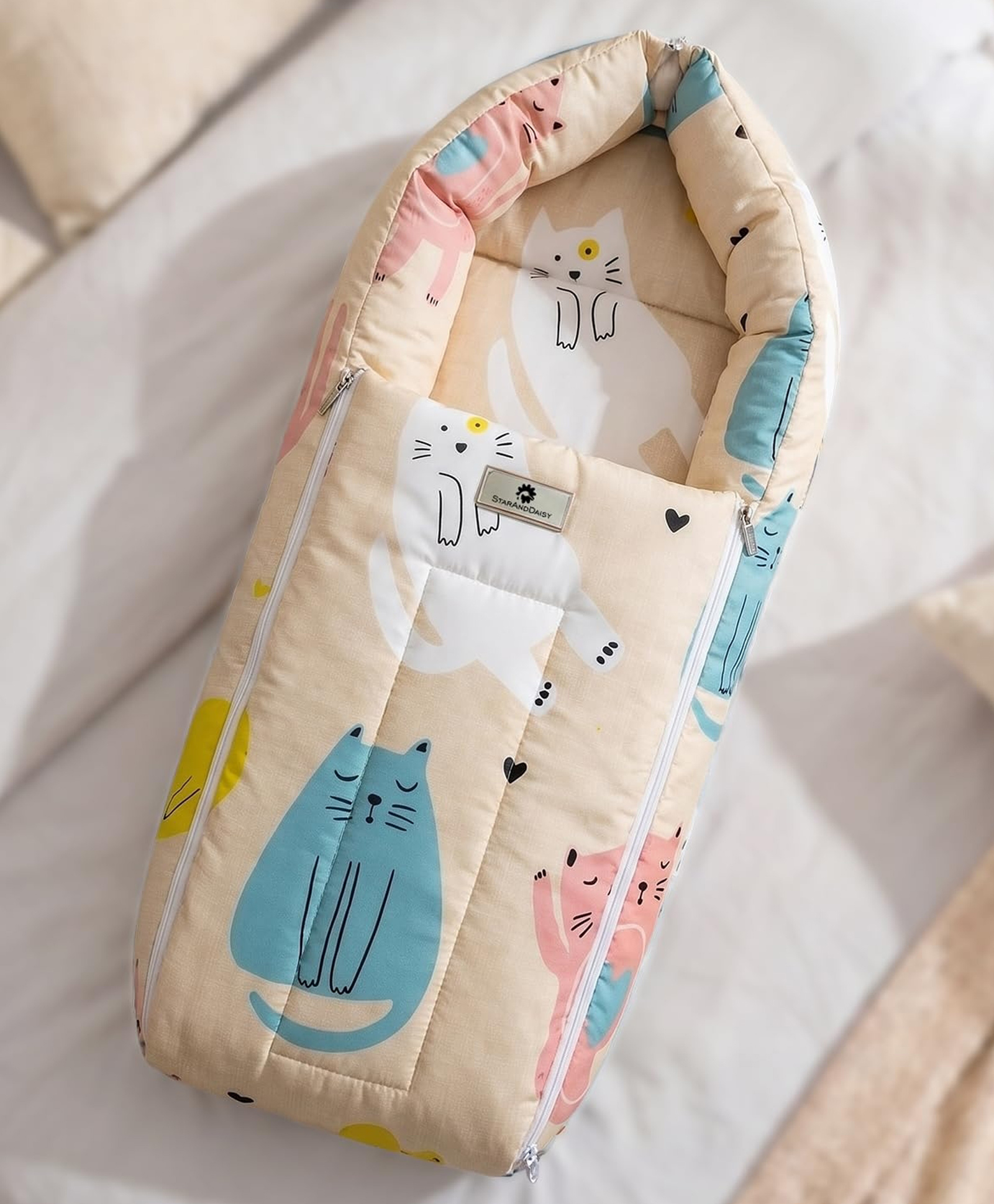 StarAndDaisy 3 in 1 Baby Sleeping Bag for Newborn Baby Bedding Set Washable Foldable Cotton Design Godari Baby Mattress Cradle Bed Soft Comfortable and Safe cat Print for Infants and Toddlers-image-1