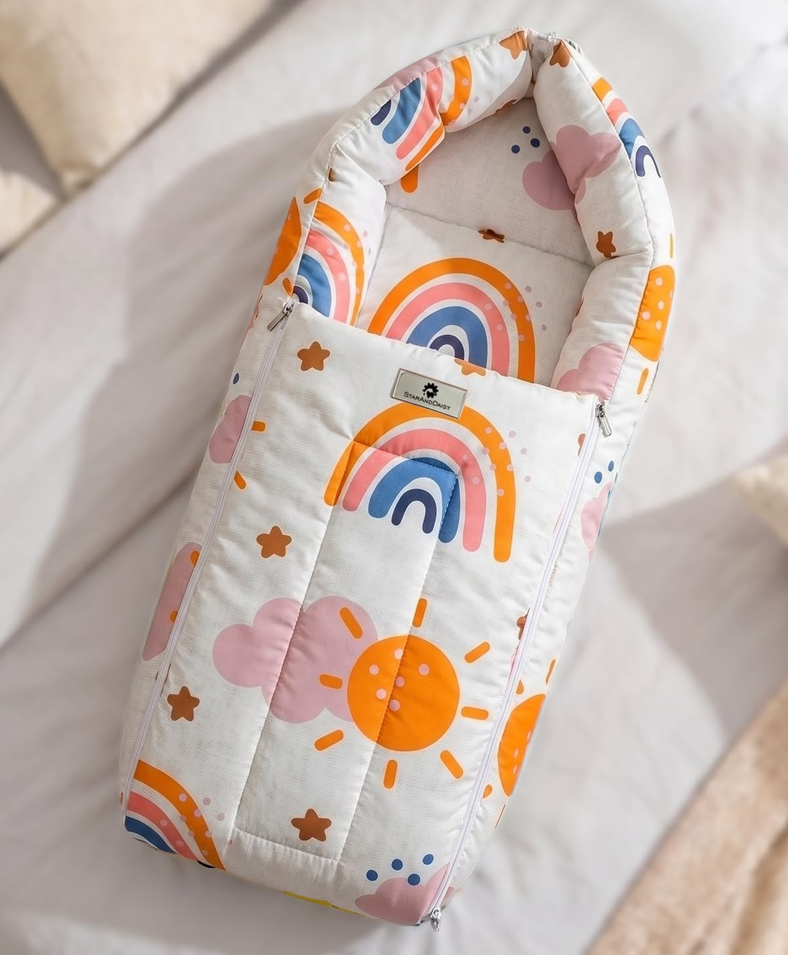 StarAndDaisy 3 in 1 Baby Sleeping Bag for Newborn Baby Bedding Set Washable Foldable Cotton Design Godari Baby Mattress Cradle Bed Soft Comfortable and Safe Sun Print for Infants and Toddlers-image-34