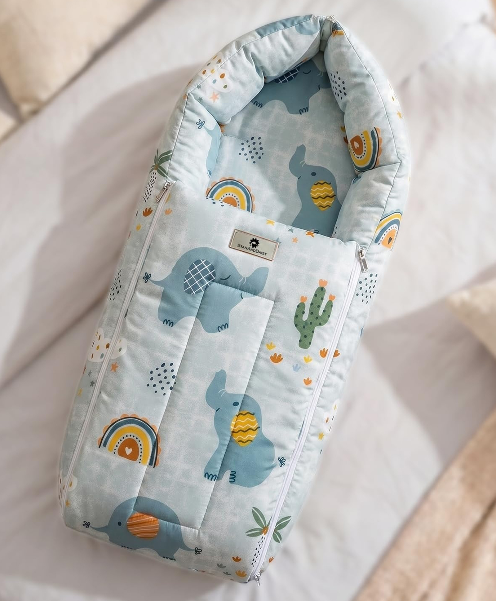 StarAndDaisy 3 in 1 Baby Sleeping Bag for Newborn Baby Bedding Set Washable Foldable Cotton Design Godari Baby Mattress Cradle Bed Soft Comfortable and Safe Elephant Print for Infants and Toddlers-image-14