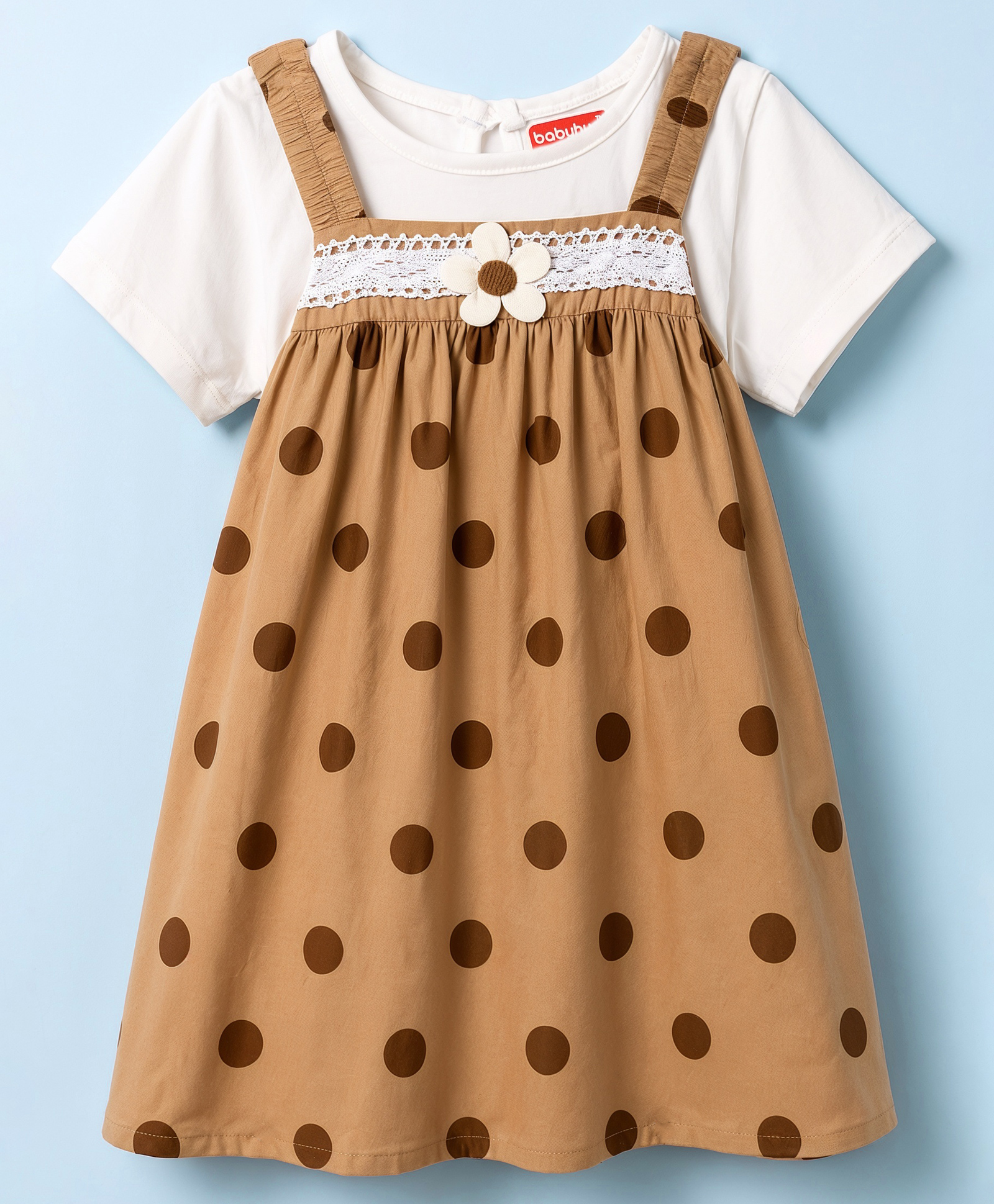 Babyhug Poplin Woven Half Sleeves Polka Dots Printed & Floral Applique Frock With Inner Tee & Lace Detailing - Brown-image-45