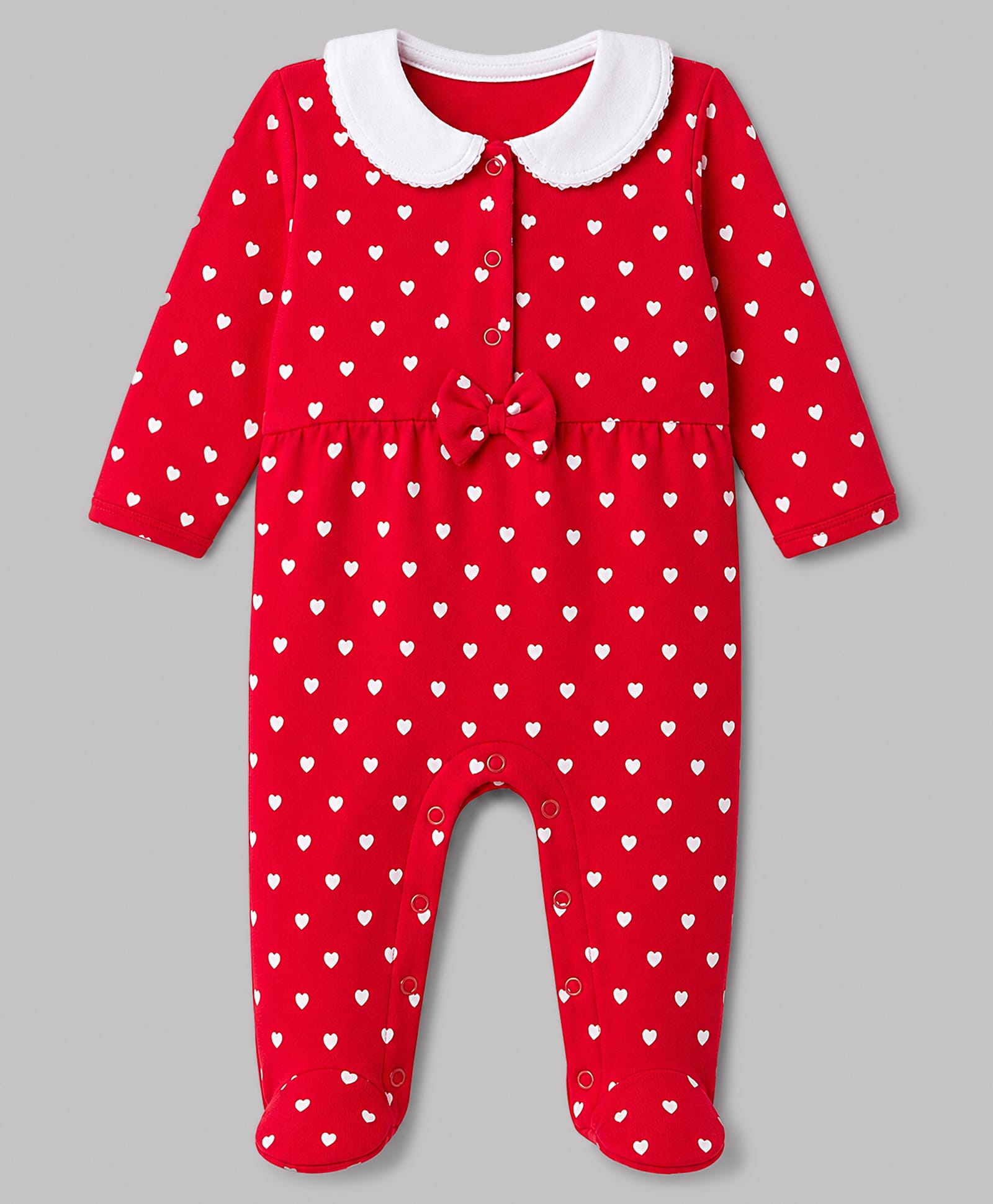 Babyhug Cotton Knit Full Sleeves Sleep Suit with Polka Dots Print & Bow Applique - Red-image-29
