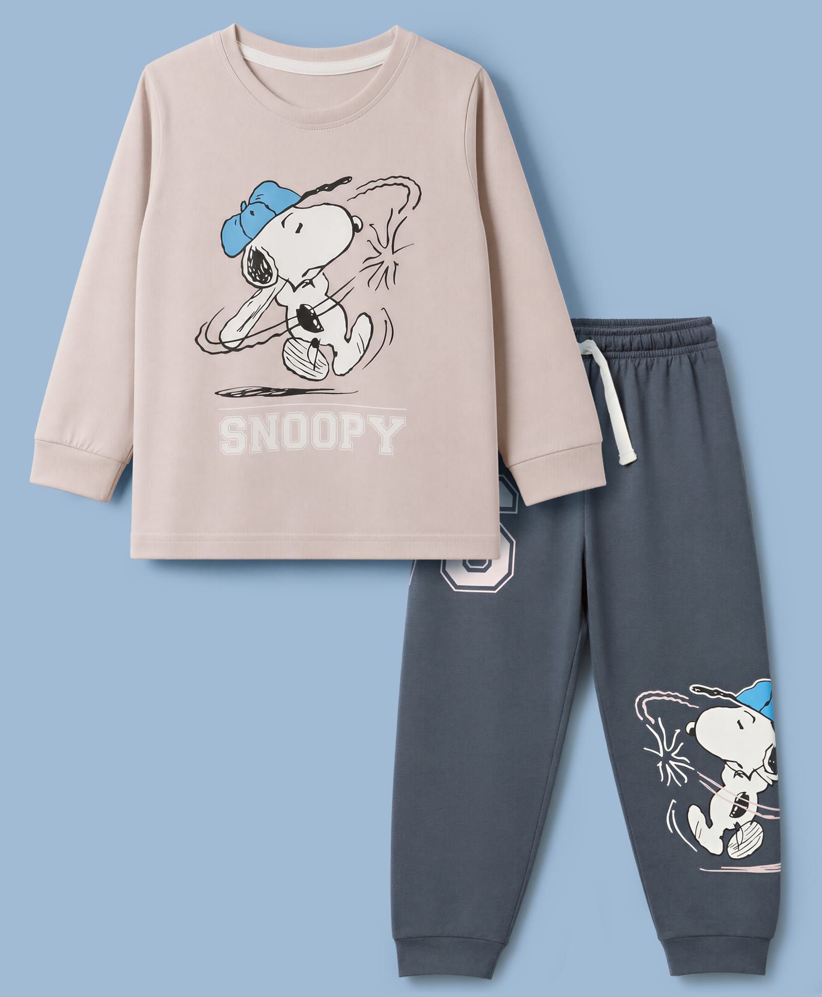 Cucumber Sinker Knit Full Sleeves Snoopy Print T-Shirt & Joggers Set - Grey-image-26