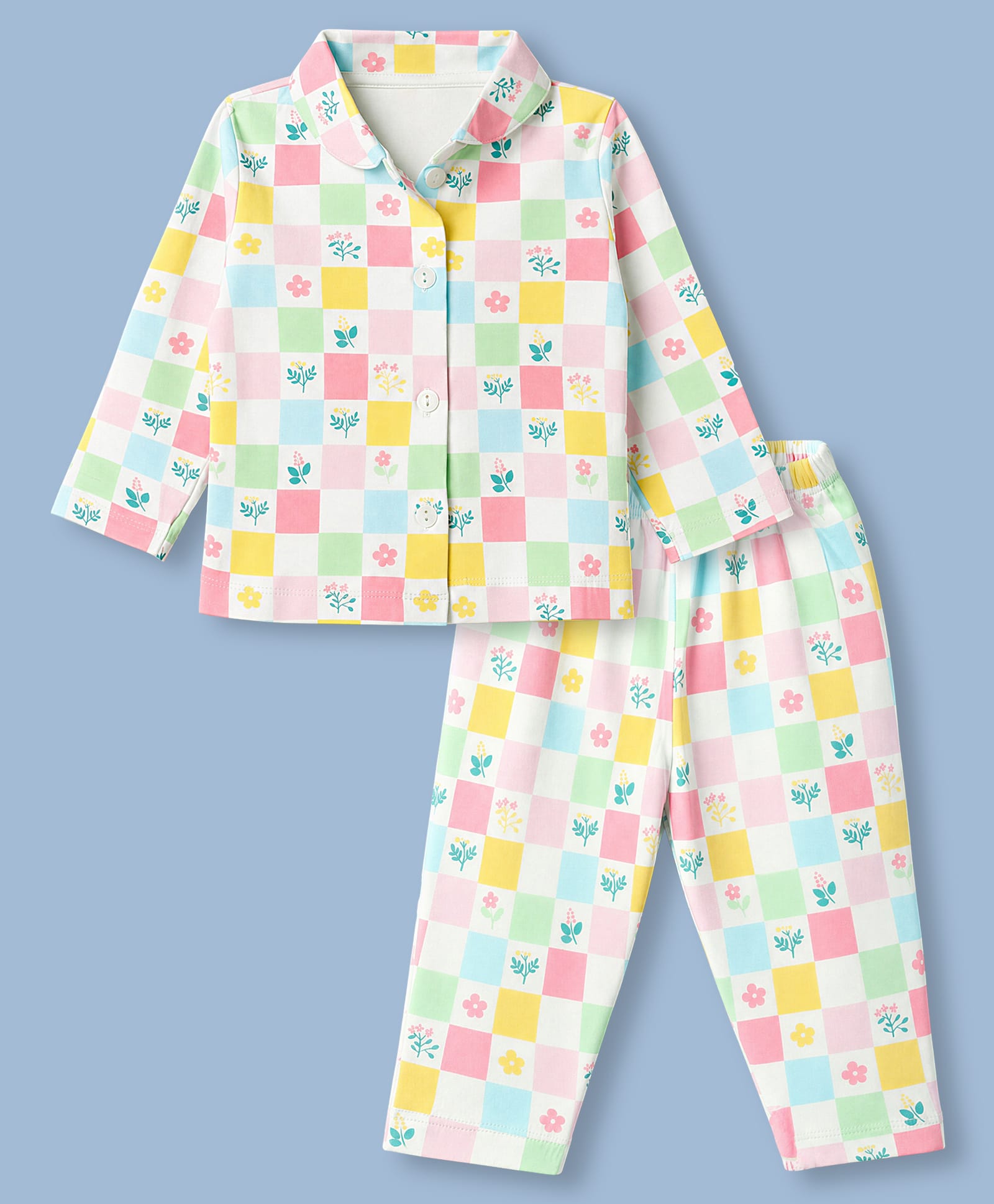 Cucumber Sinker Knit Full Sleeves Front Open Shirt & Pyjama Night Suit with Floral Print - Light Green-picture-15