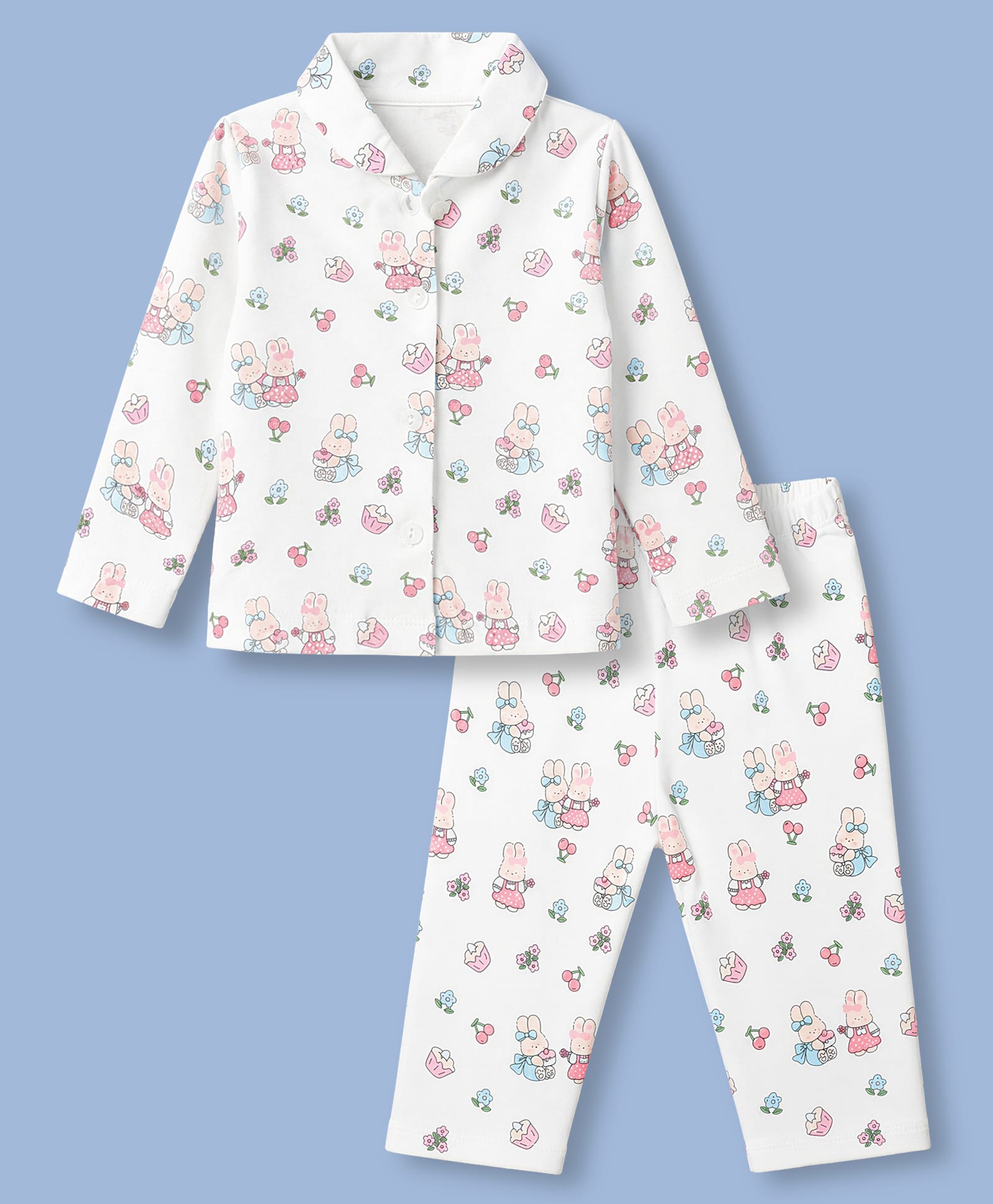 Cucumber Sinker Knit Full Sleeves Front Open Shirt & Pyjama Night Suit with Bunny Print - Offwhite-picture-22