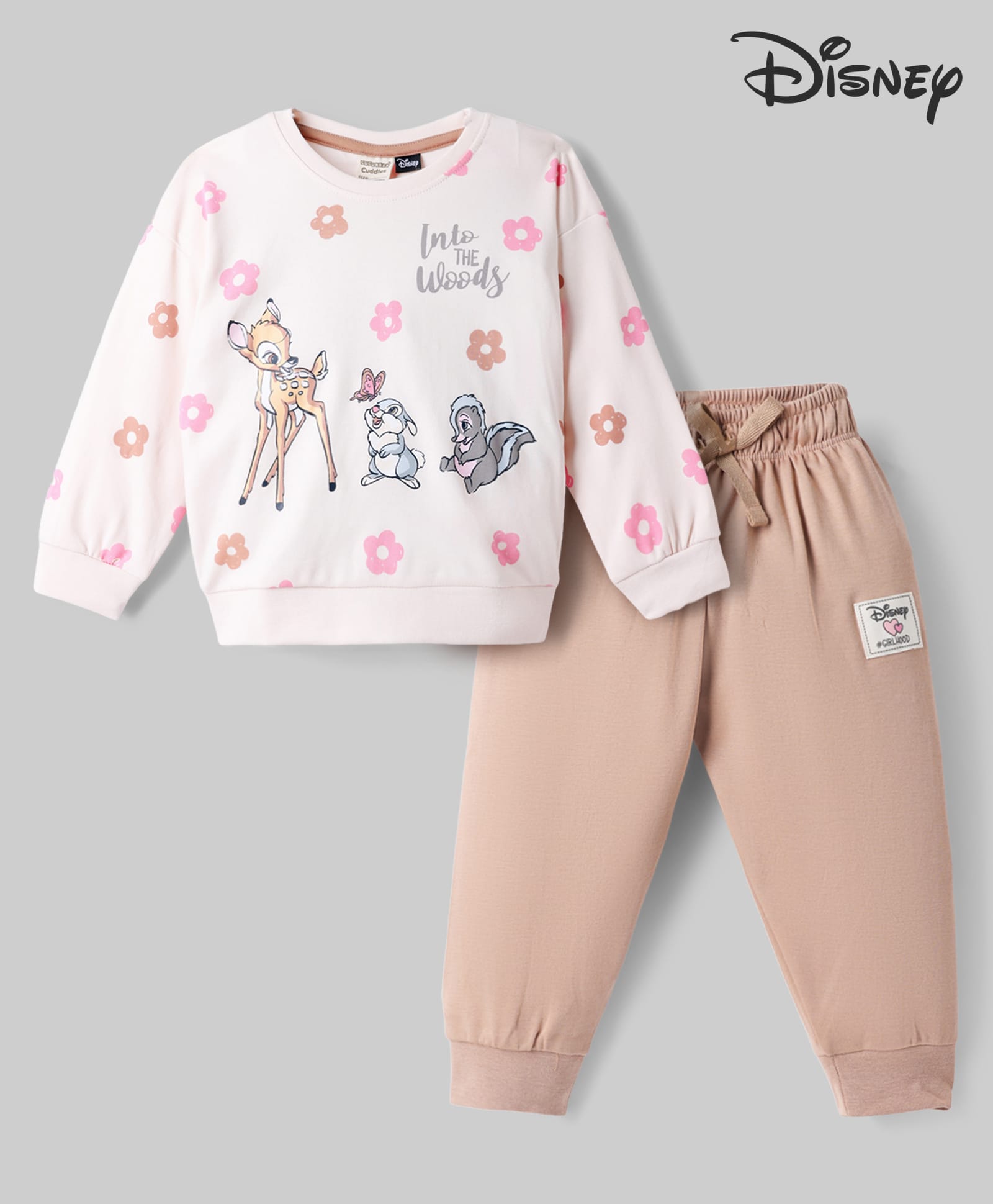 CUCUMBER Sinker Knit Full Sleeves T-Shirt & Pyjama Night Suit With Bambi & Floral Print - Pink-picture-8