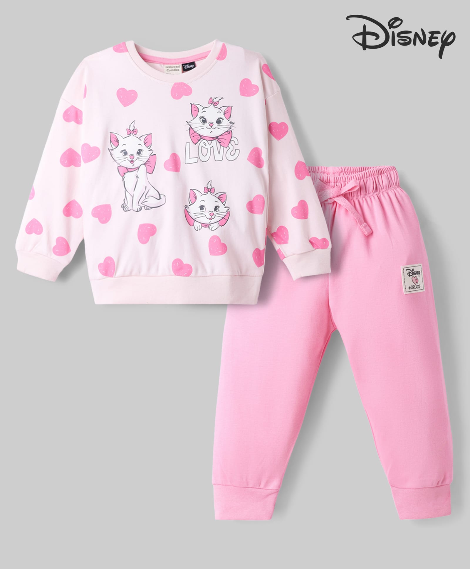 CUCUMBER Sinker Knit Full Sleeves T-Shirt & Pyjama Night Suit With Marie & Heart Print - Pink-picture-32
