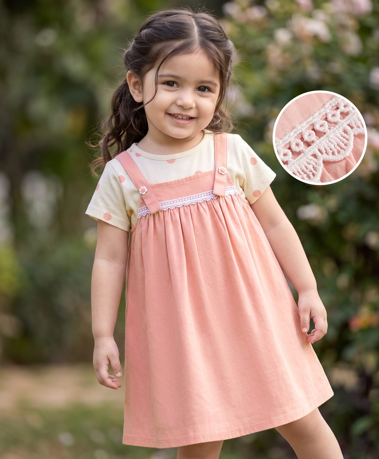Babyhug Poplin Woven Half Sleeves Frock with Inner Tee Polka Dot Print - Pink-picture-25