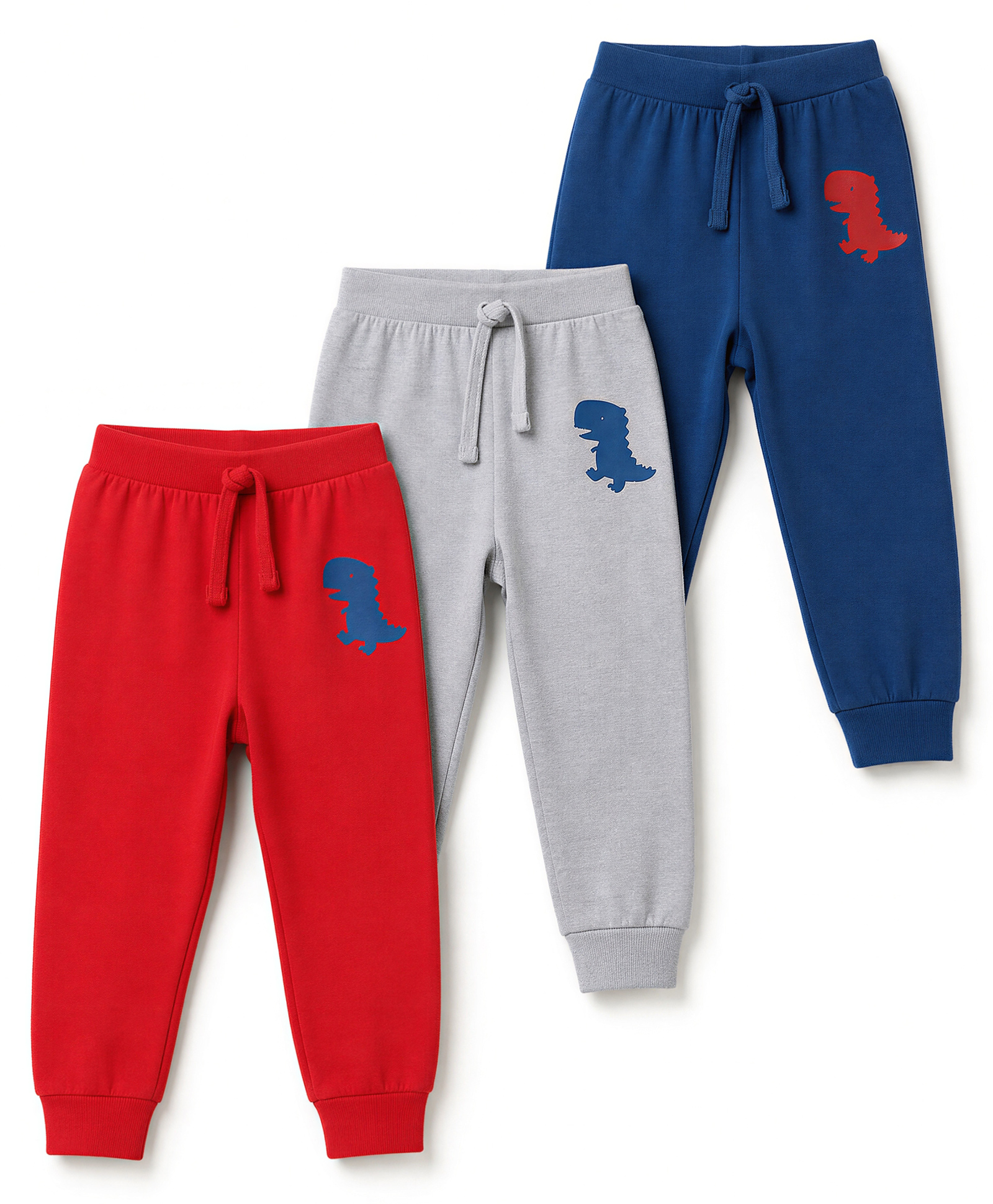 Babyhug Cotton Jersey Knit Full Length Dino Printed Lounge Pant Pack Of 3 - Red Grey & Navy Blue-image-9