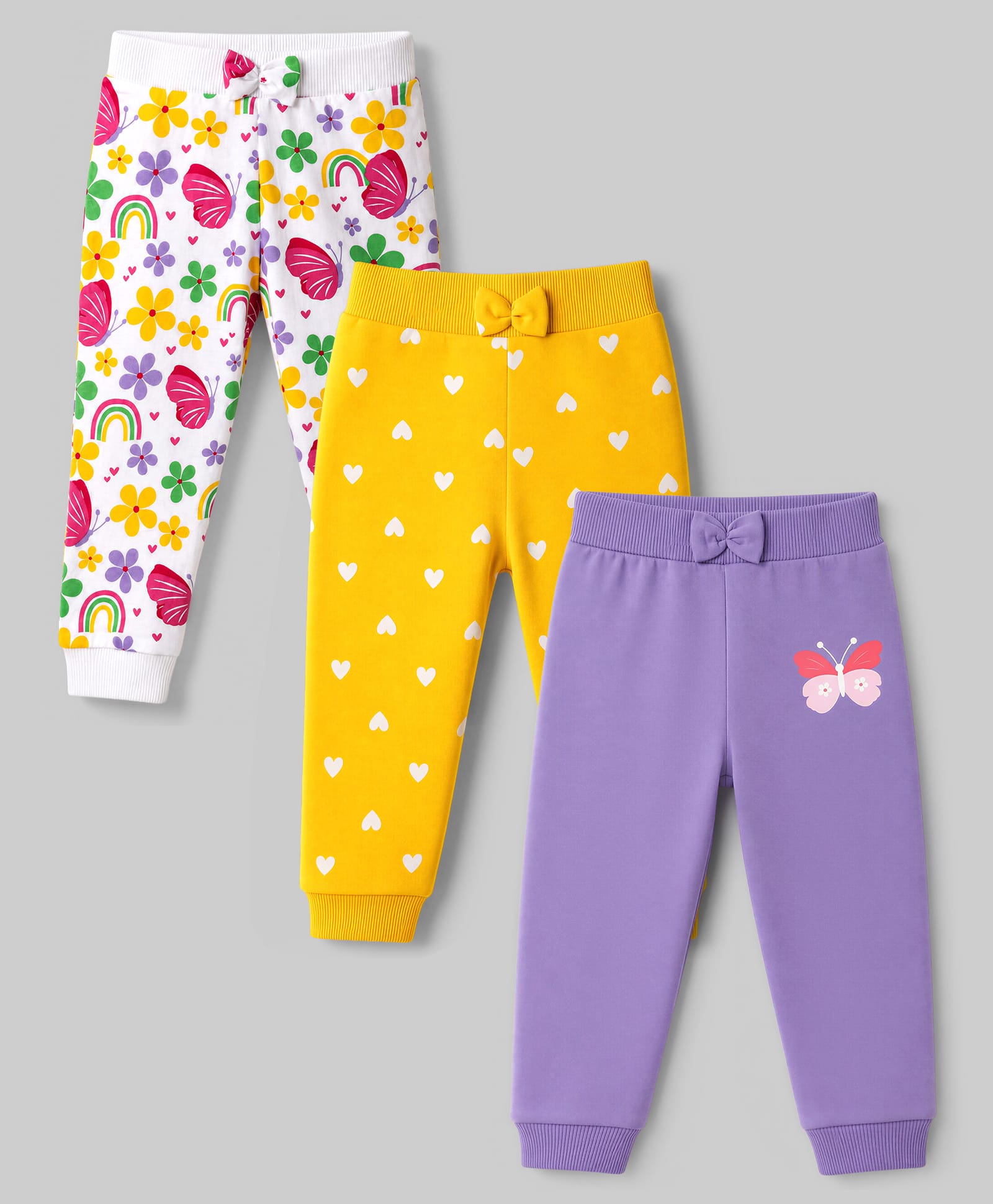 Babyhug Cotton Single Jersey Knit Full Length Lounge Pant Heart Rainbow & Floral Print Pack of 3 - Yellow White & Purple-image-20