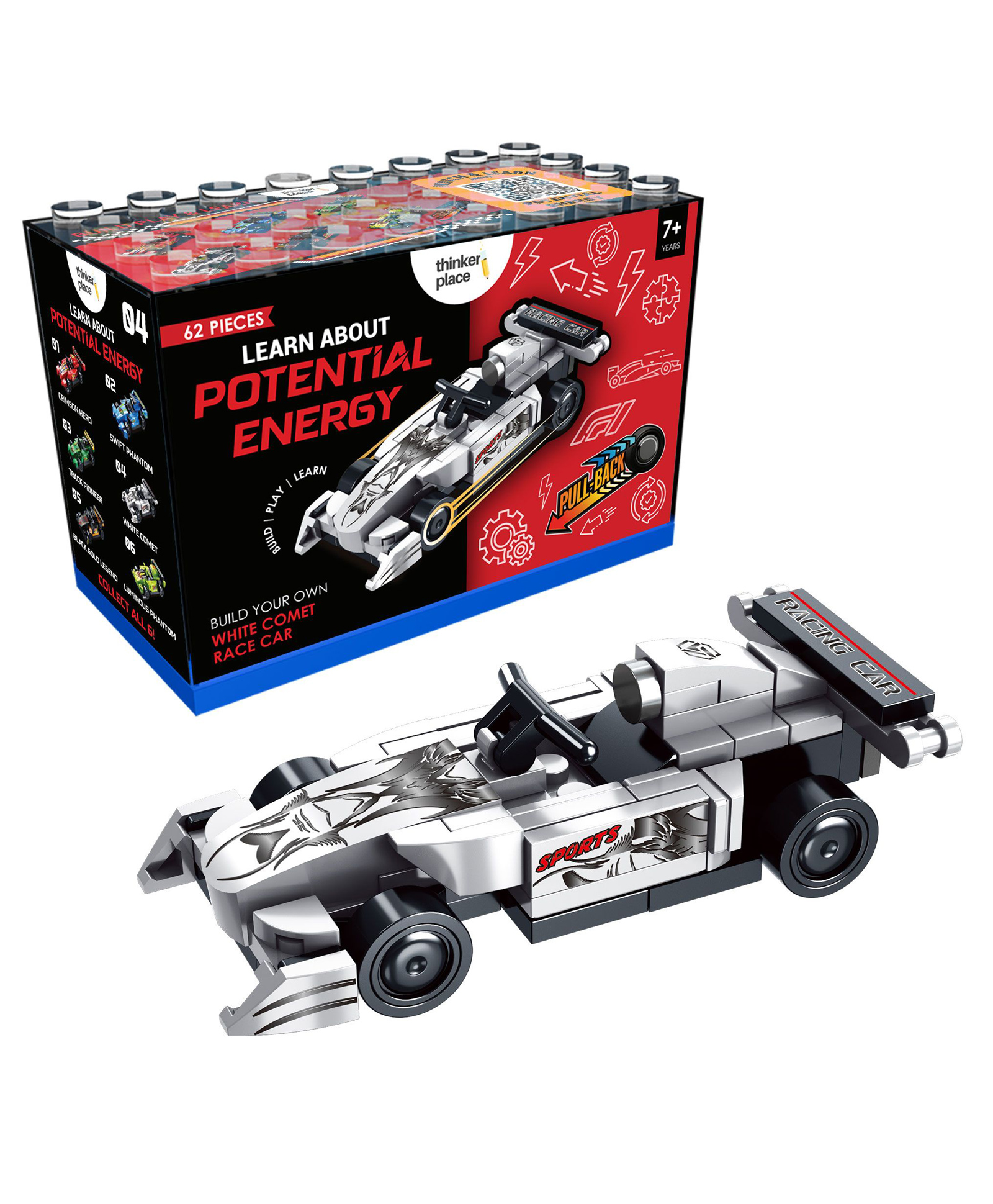 ThinkerPlace STEM White Comet | F1 Pull Back Building Blocks Set (62 Pcs) | DIY Car Kit for Kids 7+ Years ( Boys & Girls ) | Educational Toy Learn About Potential Energy-image-1