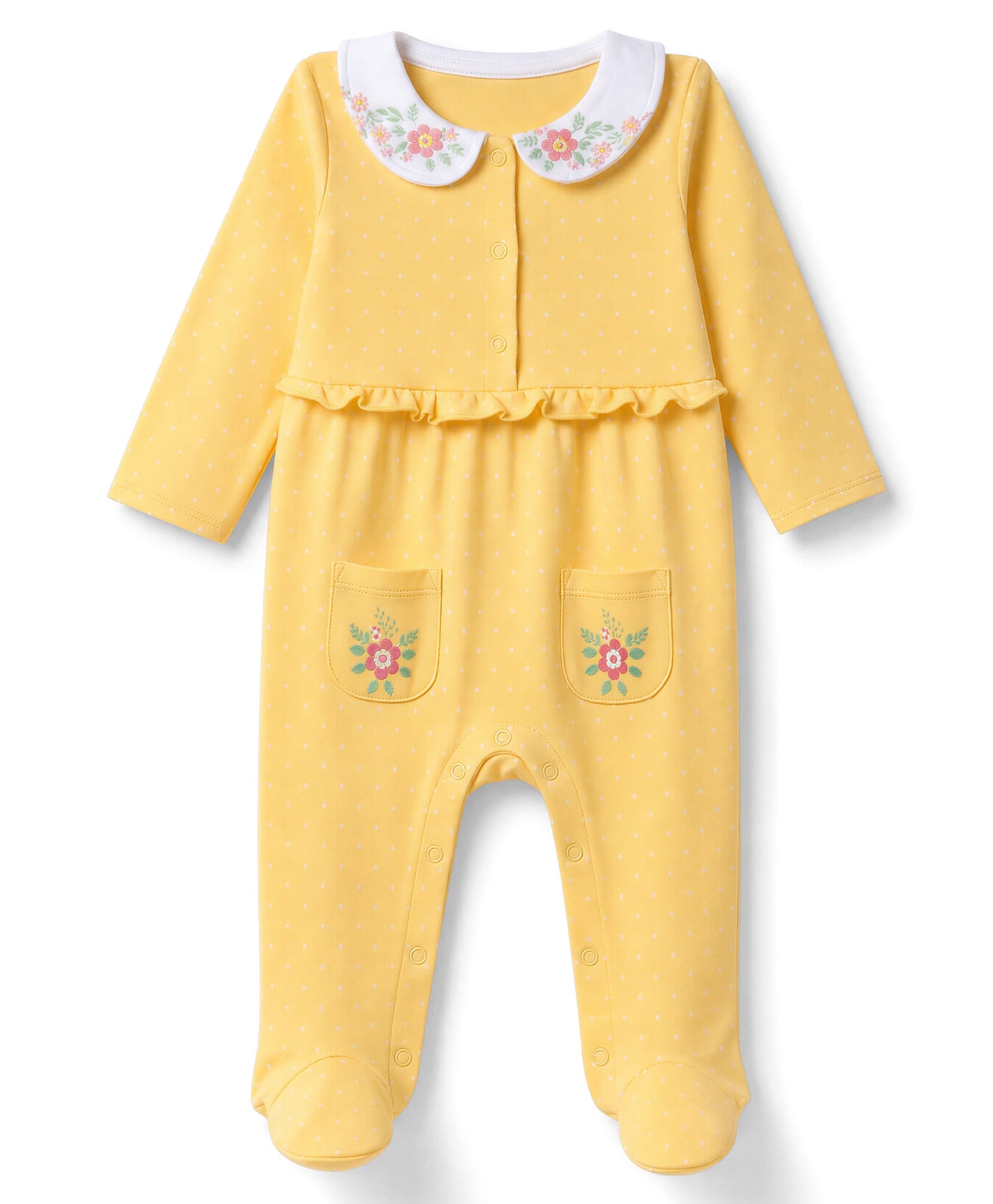 Babyhug Cotton Knit Full Sleeves Sleep Suit with Floral Embroidery - Yellow-image-14