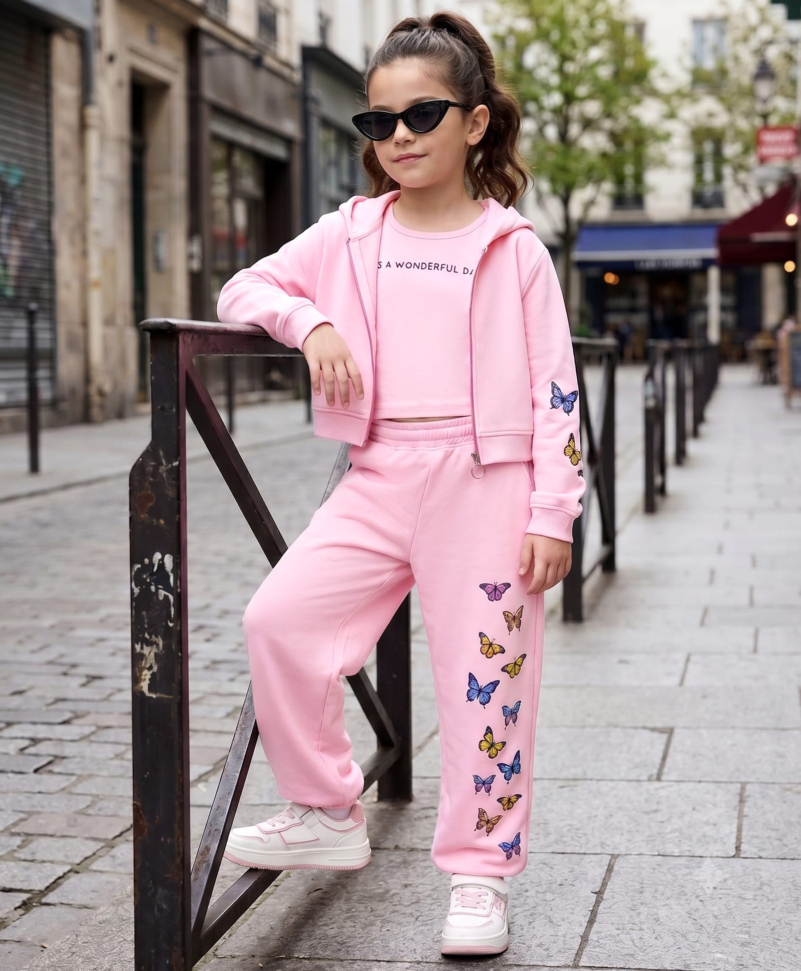 OLLINGTON ST. Looper Knit Winter Wear Butterfly Printed Jacket With Inner Tee & Joggers - Pink-image-33