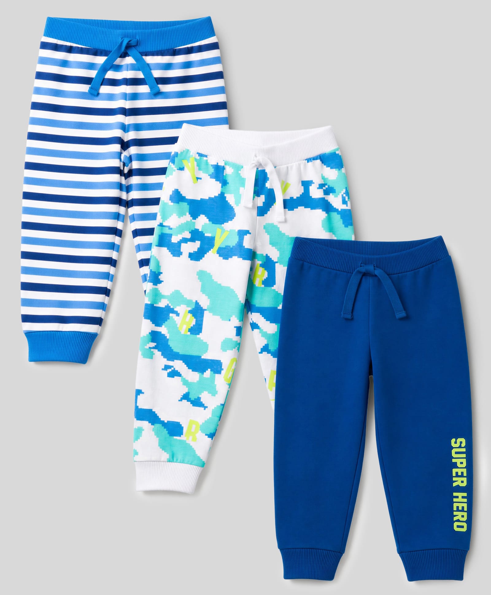 Babyhug Cotton Single Jersey Knit Full Length Striped Lounge Pant with Text & Camouflage Print Pack of 3 - Blue & White-picture-25