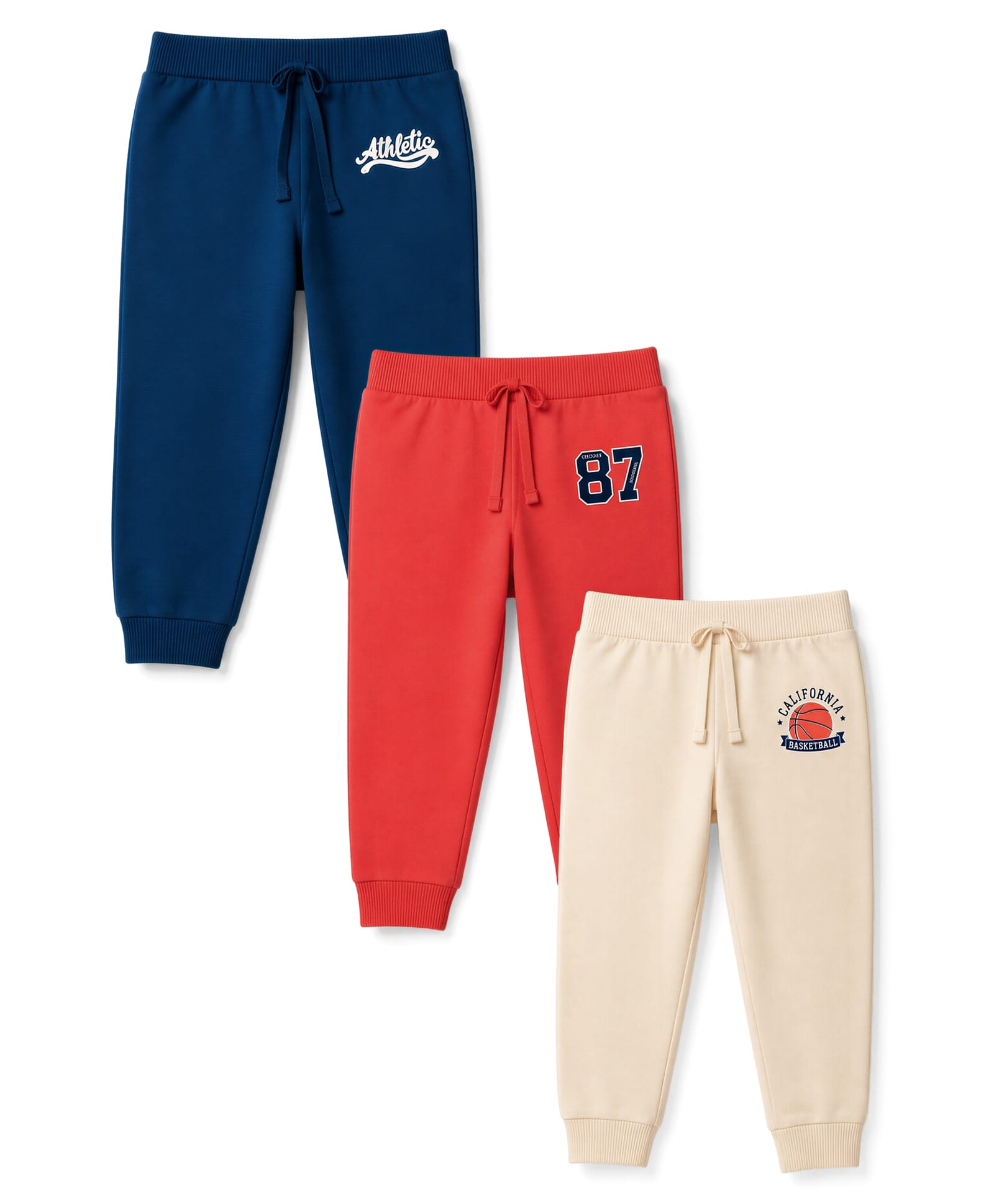 Babyhug Single Jersey Cotton Knit Sports Theme Printed Lounge Pants Pack of 3 - Red Navy Blue & Cream-image-23