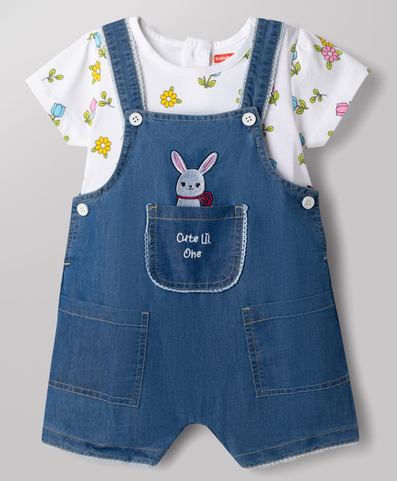 ToffyHouse Interlock Knit Half Sleeves T-Shirt & Dungaree with Floral Print & Bunny Embroidered - Navy Blue & White-image-35