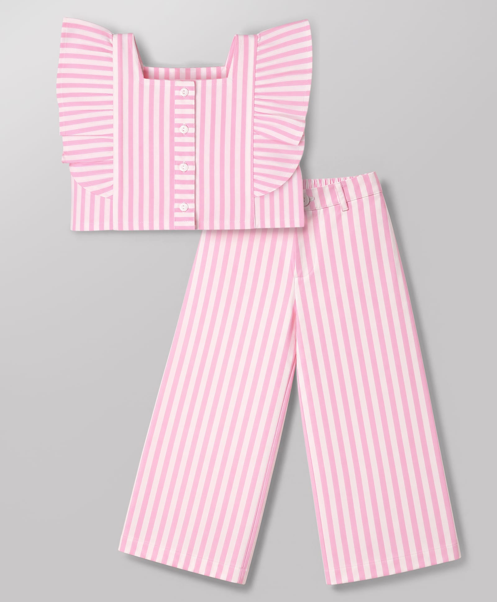 Babyhug Cotton Woven Frill Sleeves Co-Ords Top & Culottes Set with Stripes - Pink-picture-16