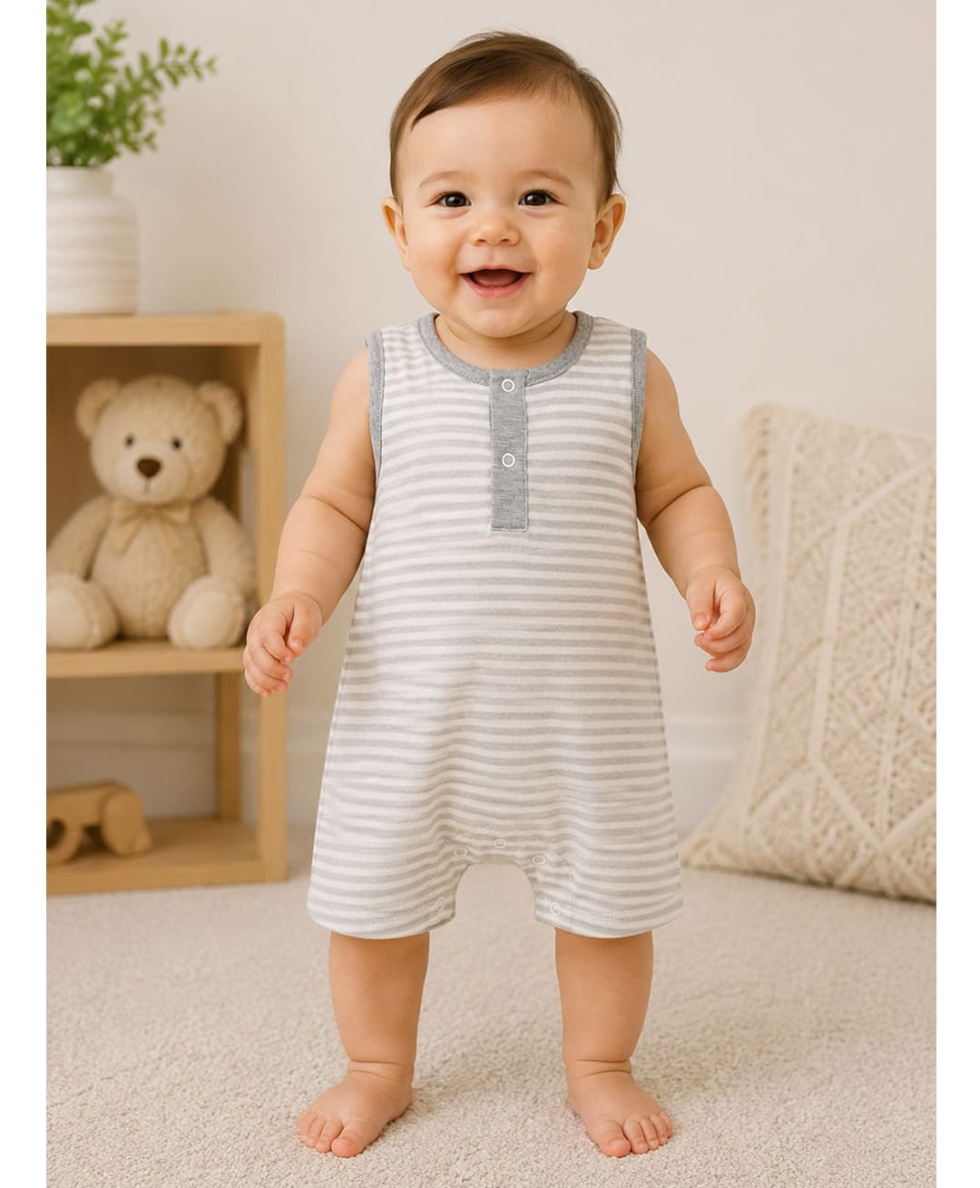 Nino Bambino Organic Cotton Knit Sleeveless Striped Romper - White-image-21