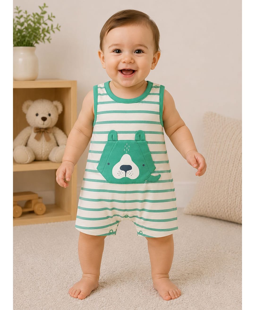 Nino Bambino Organic Cotton Sleeveless Animal Patch Detailed Romper - White-image-16