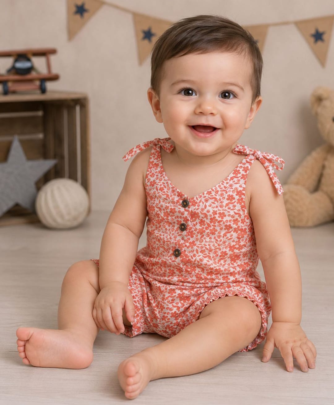 Nino Bambino Organic Cotton Knit Sleeveless Floral Printed Romper - Orange-image-47