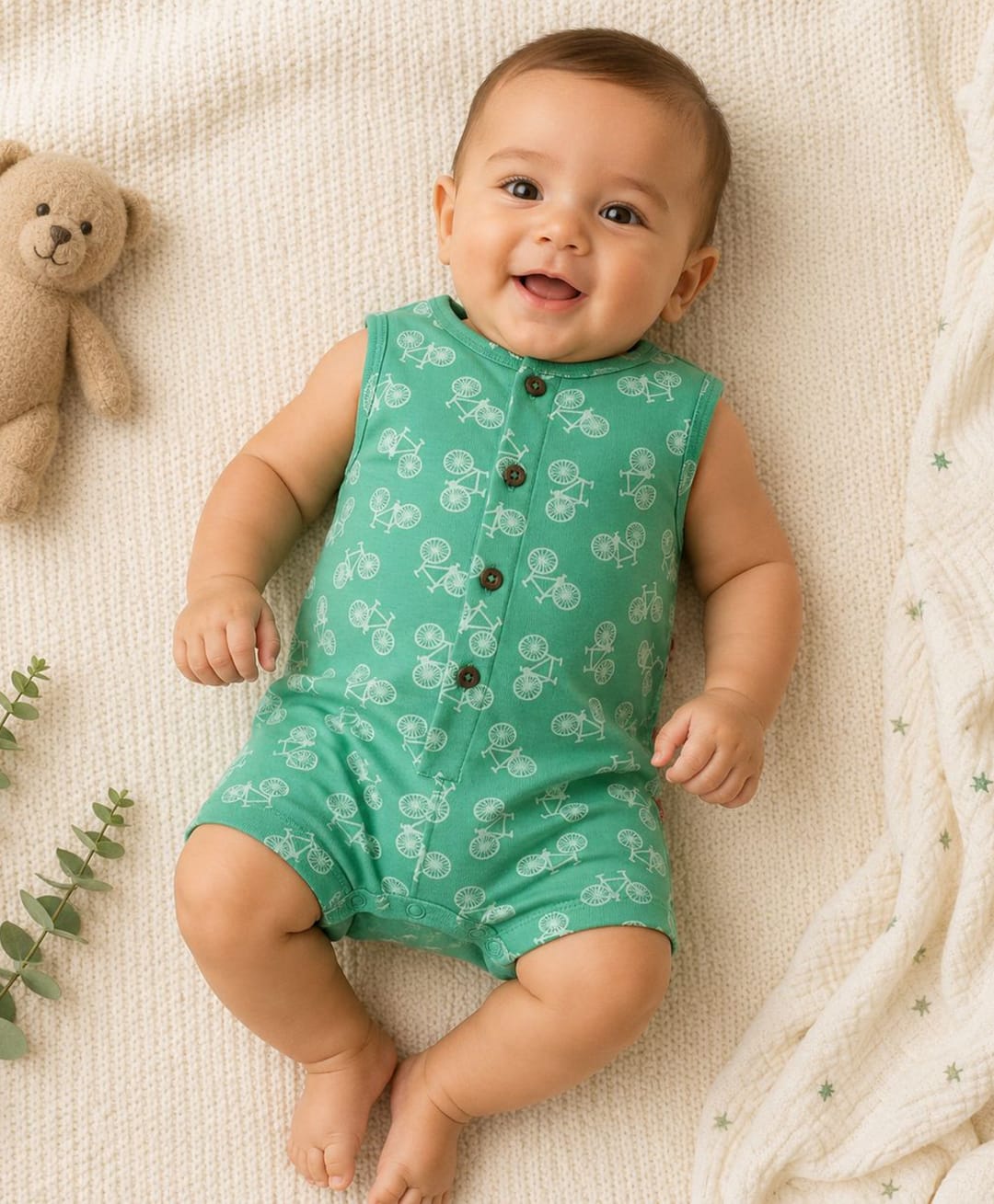 Nino Bambino Organic Cotton Knit Sleeveless Bicycle Printed Romper - Green-image-22