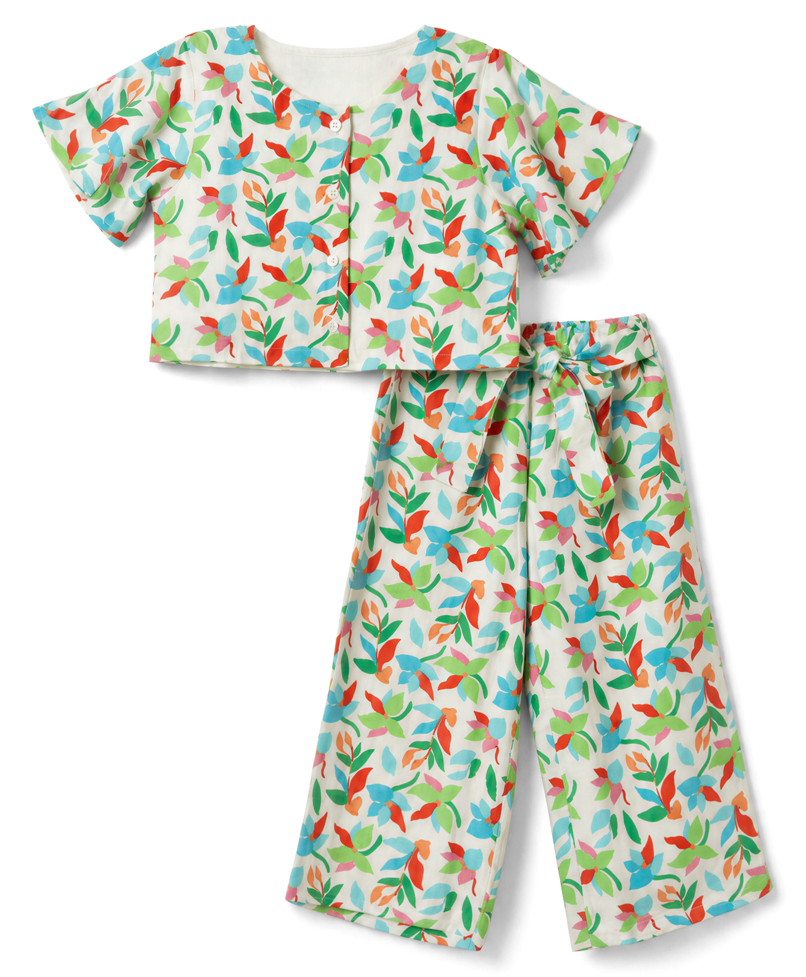 Babyhug Cotton Woven Half Sleeves Co-Ords Top & Culottes Set with Leafy Print & Belt - Sea Green-image-13