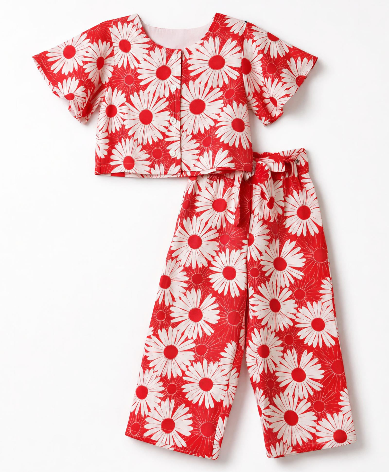 Babyhug Cotton Woven Half Sleeves Co-Ords Top & Culottes Set with Floral Print & Belt - Red-image-3