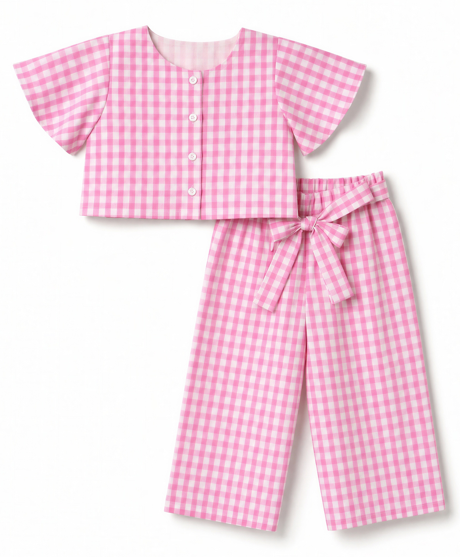 Babyhug Cotton Woven Half Sleeves Co-Ords Top & Culottes Set with Check & Belt - Pink-picture-11