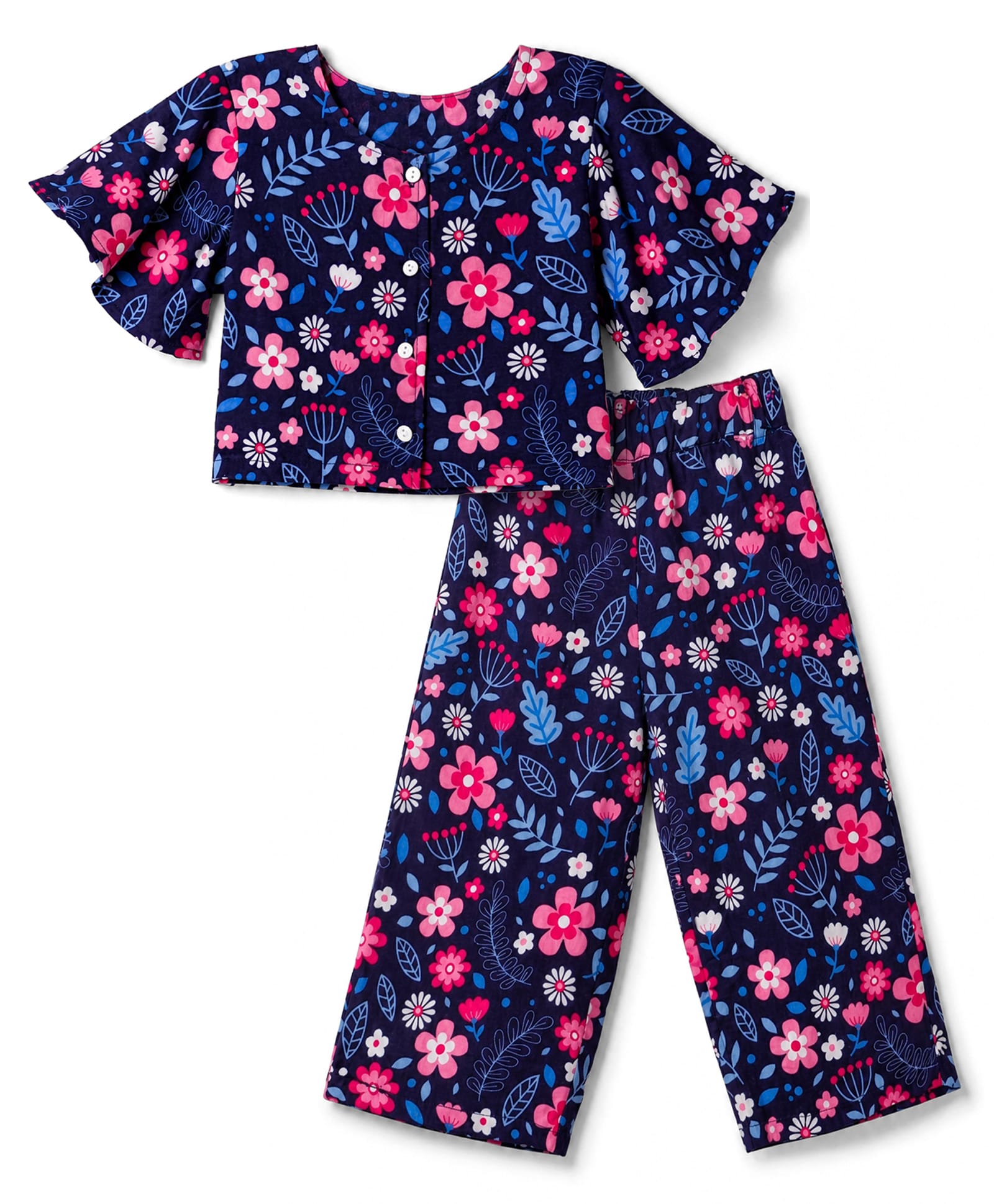 Babyhug Cotton Woven Half Sleeves Co-Ords Top & Palazzo Set with Floral Print - Navy Blue-image-45